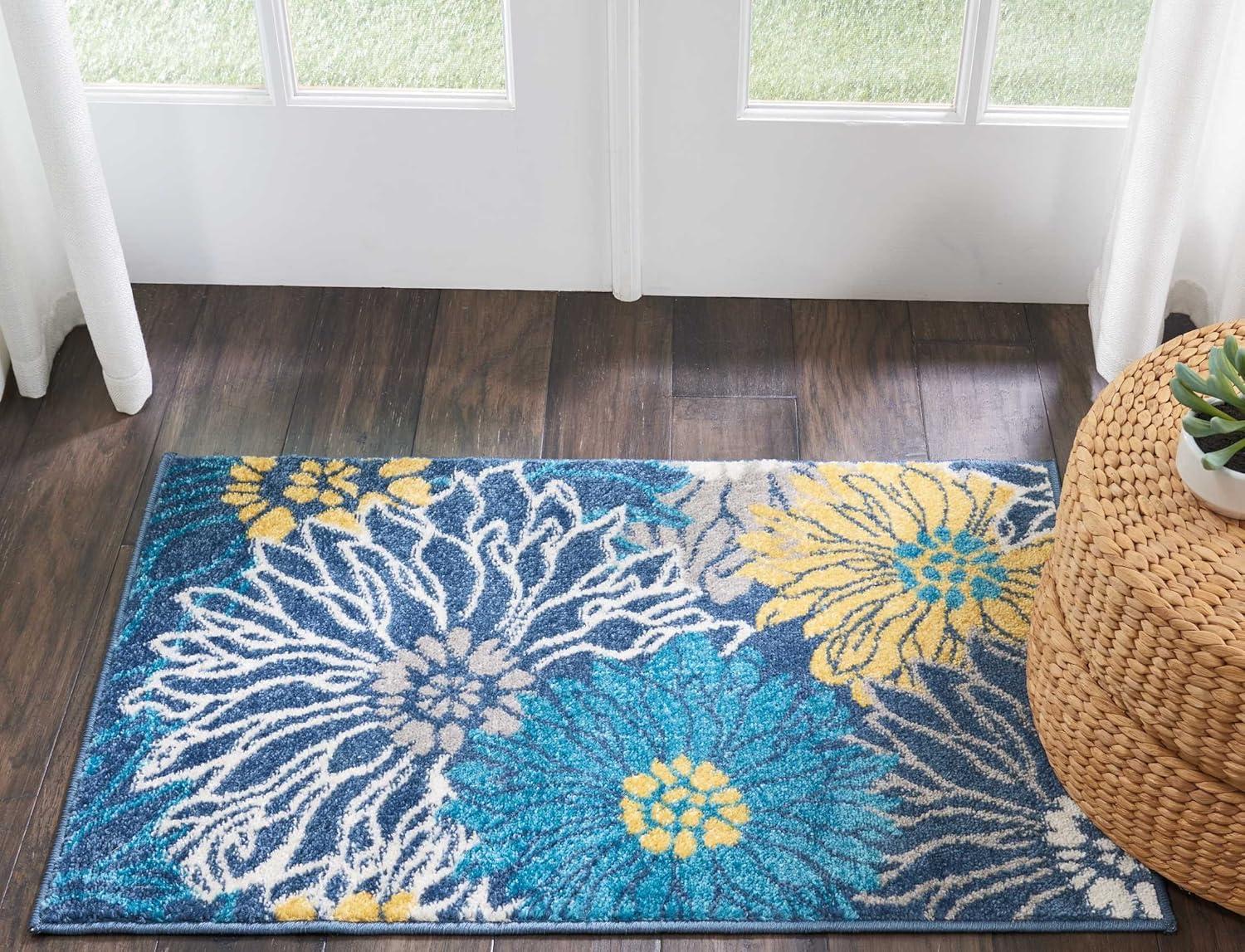 Blue and Yellow Floral Synthetic Easy Care Area Rug