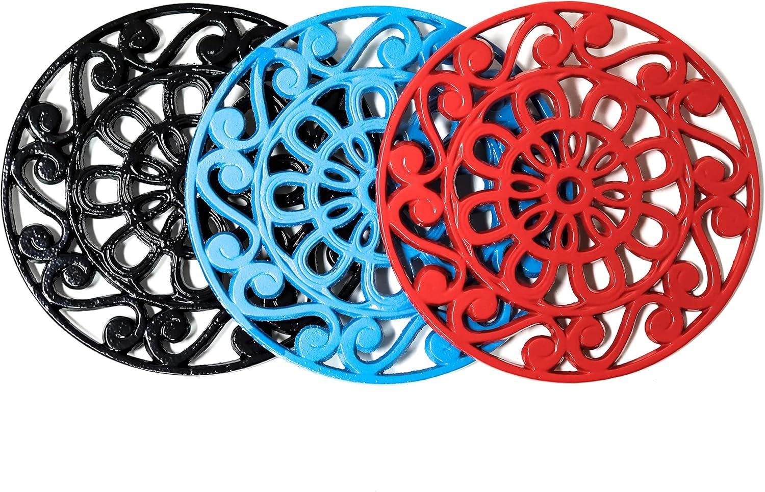 Set of 3 Round Decorative Cast Iron Trivets in Black, Red, and Blue