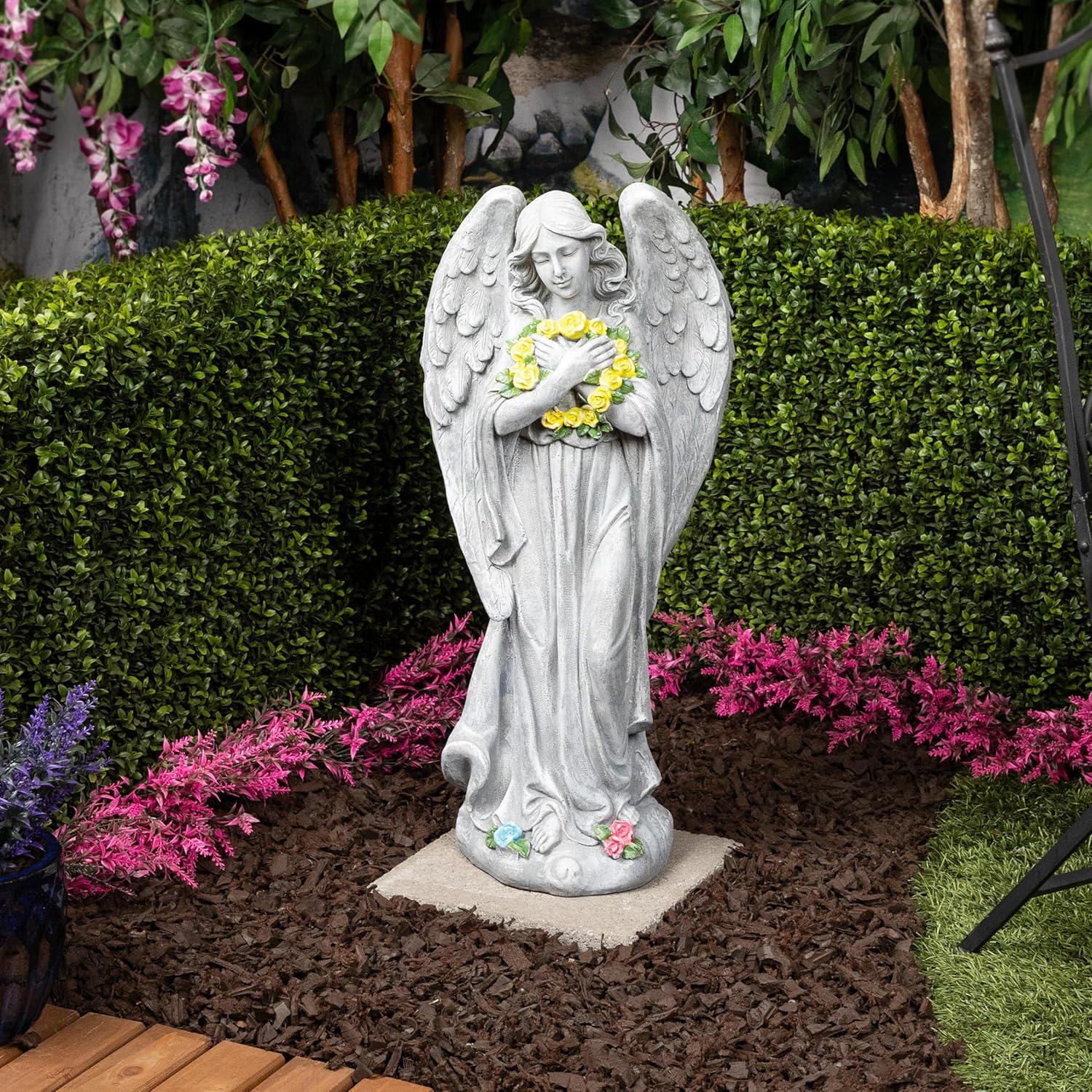 Alpine Corporation 29"H Angel with Yellow Flower Wreath Garden Statue