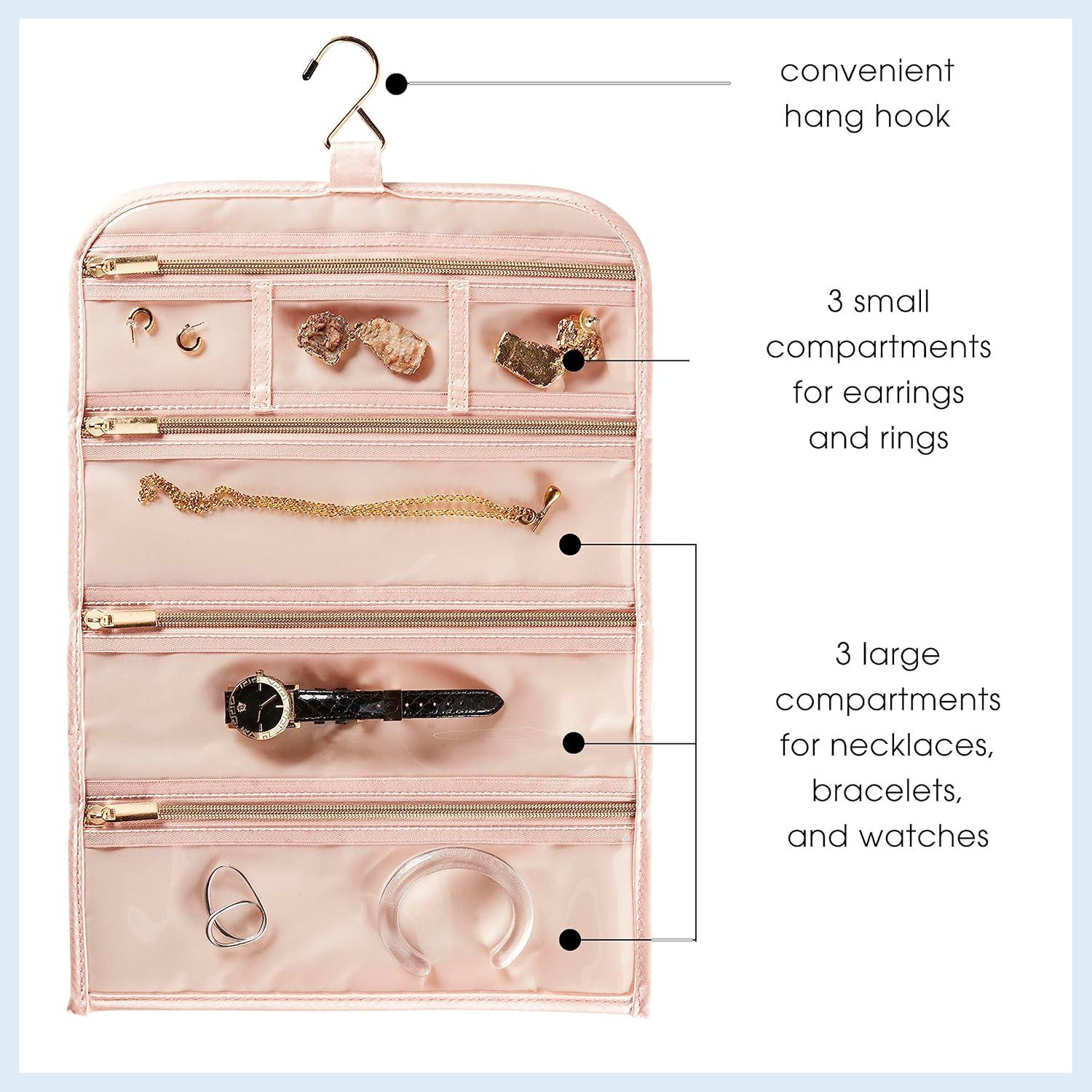 Blush Pink Travel Jewelry Roll with 6 Zippered Pockets