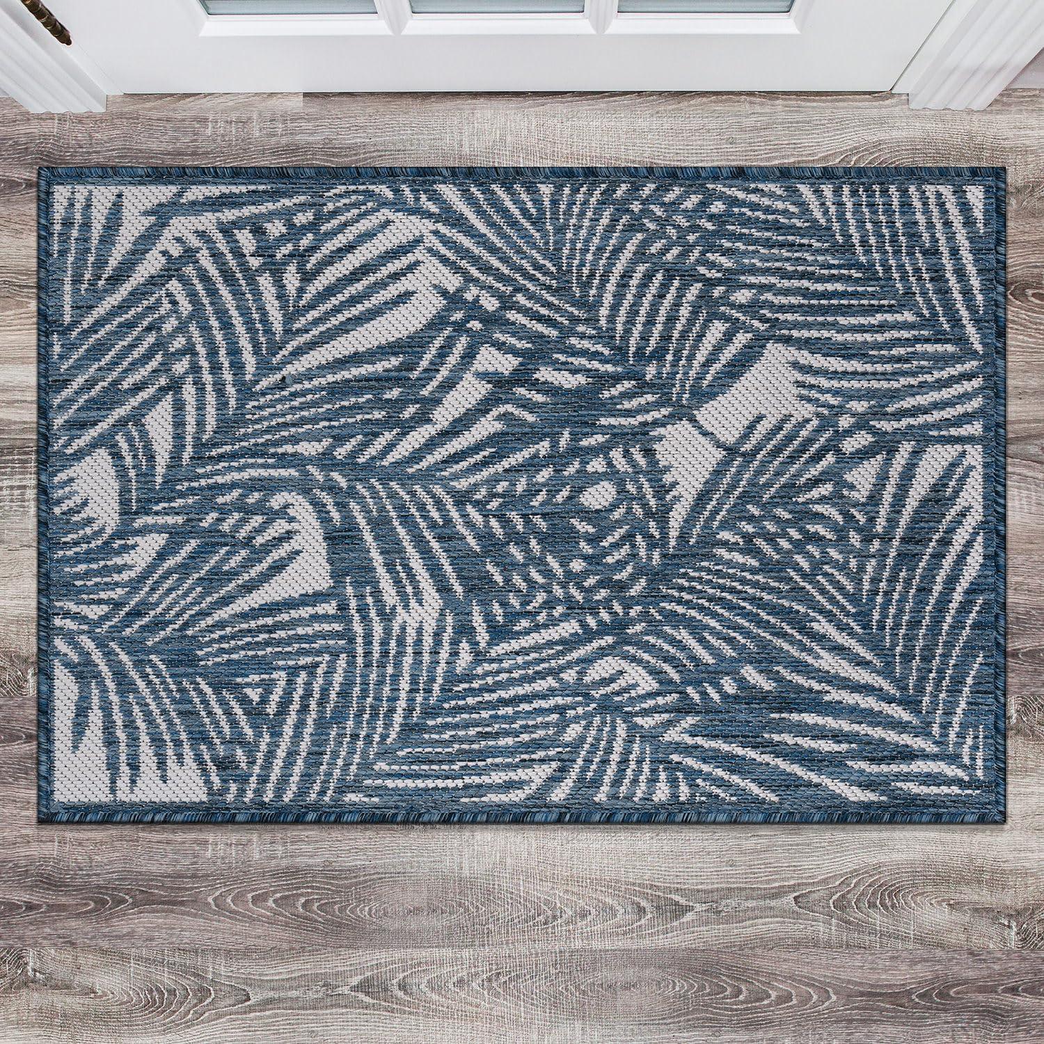 World Rug Gallery Contemporary Palm Leaf Textured Flat Weave Indoor/Outdoor Area Rug - NAVY 2'x3'