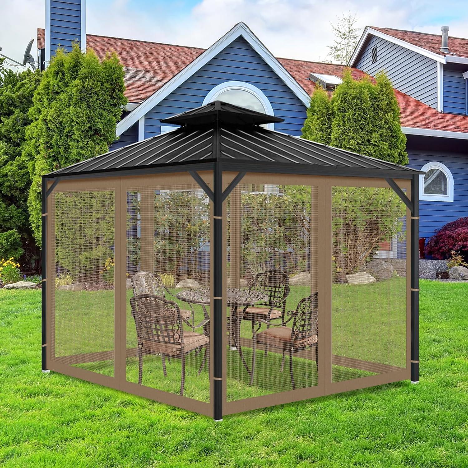 Gazebo Universal Replacement Mosquito Netting, 10'x10' Gazebo Netting Outdoor, 4-Panel Screen Walls for Outdoor Patio with Zipper (Mosquito Net Only) (Brown)