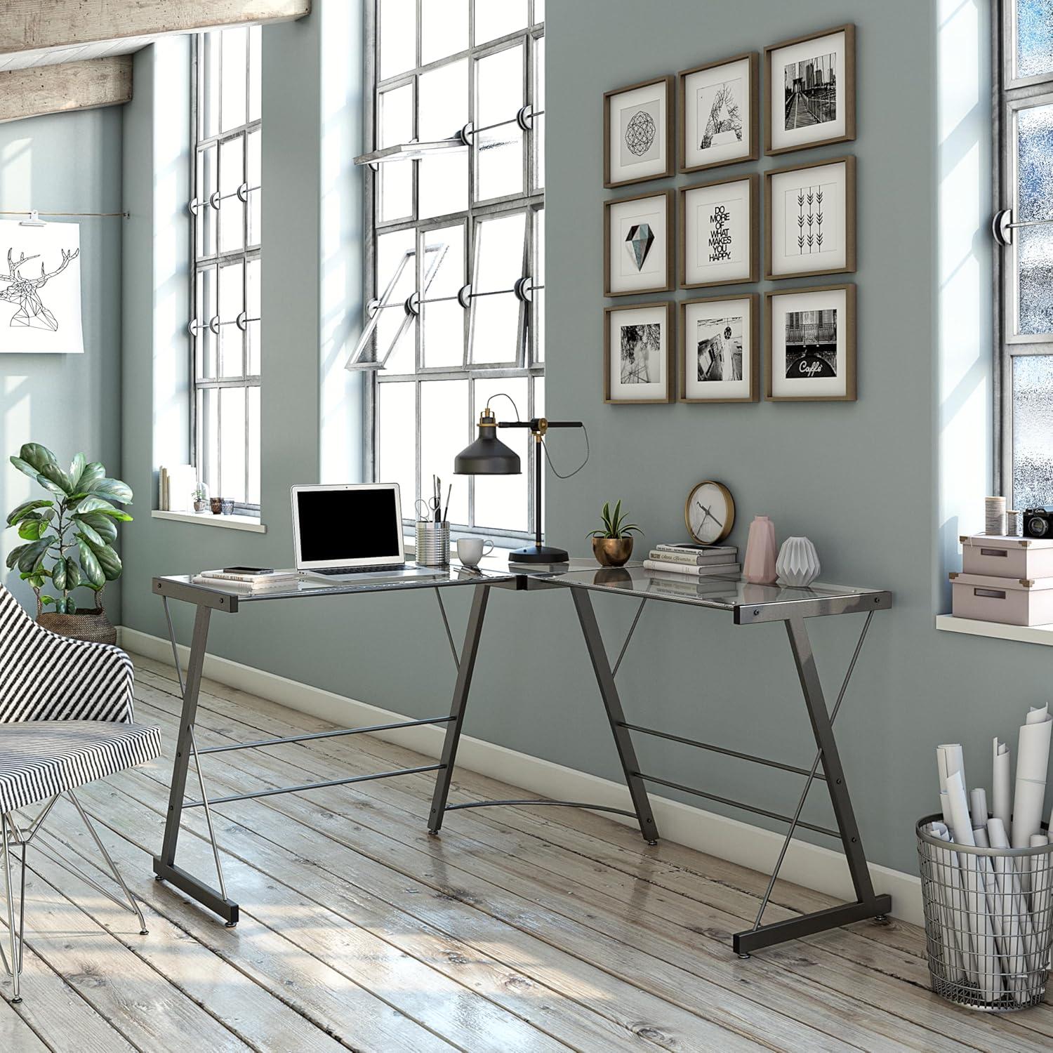 Modern Gray Glass L-Shaped Home Office Computer Desk