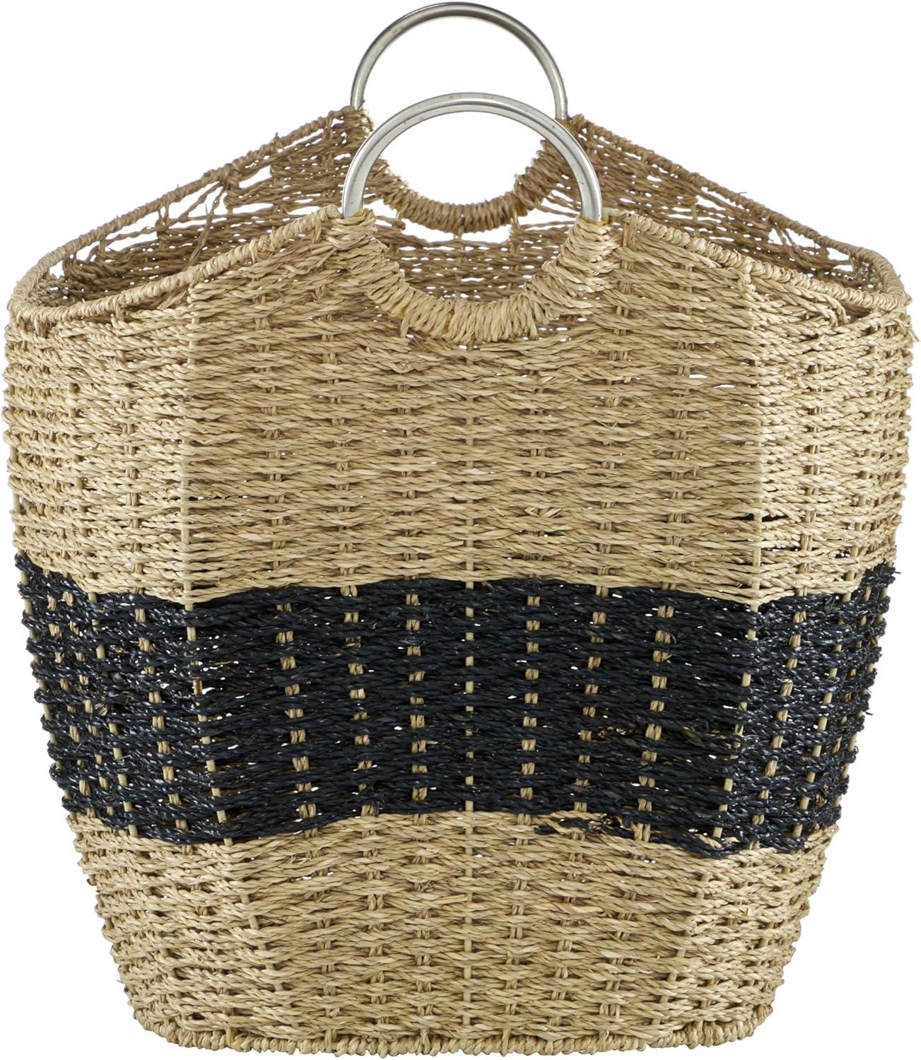 DecMode 21" x 19" Brown Seagrass Handmade Two Toned Storage Basket with Metal Handles, 1-Piece