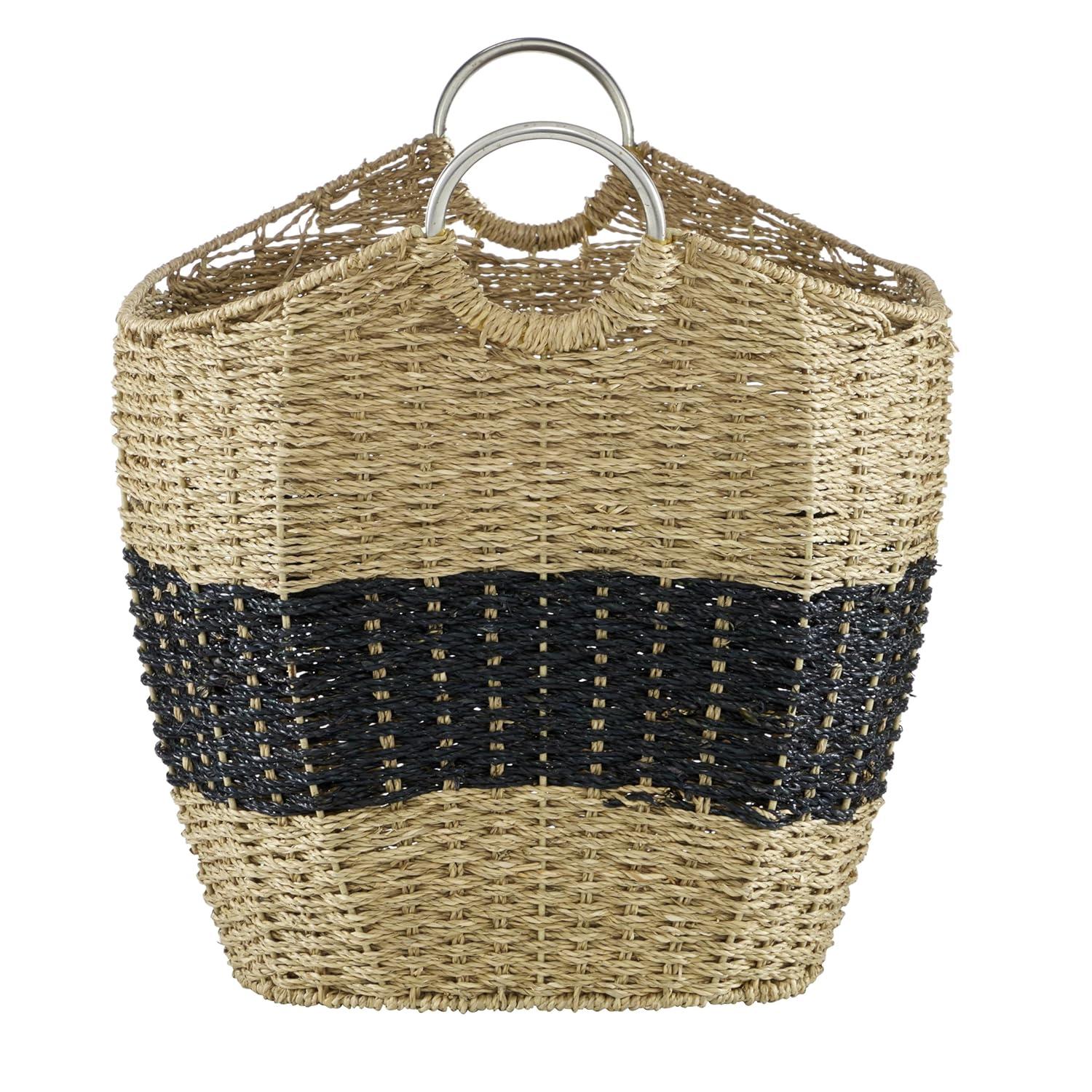 DecMode 21" x 19" Brown Seagrass Handmade Two Toned Storage Basket with Metal Handles, 1-Piece