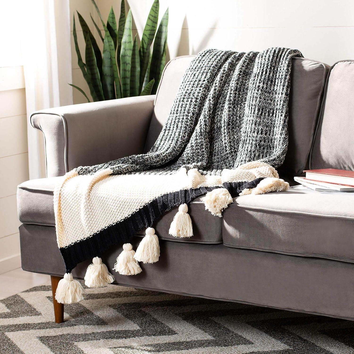 Tensley Black and Natural Cotton Throw with Tassels