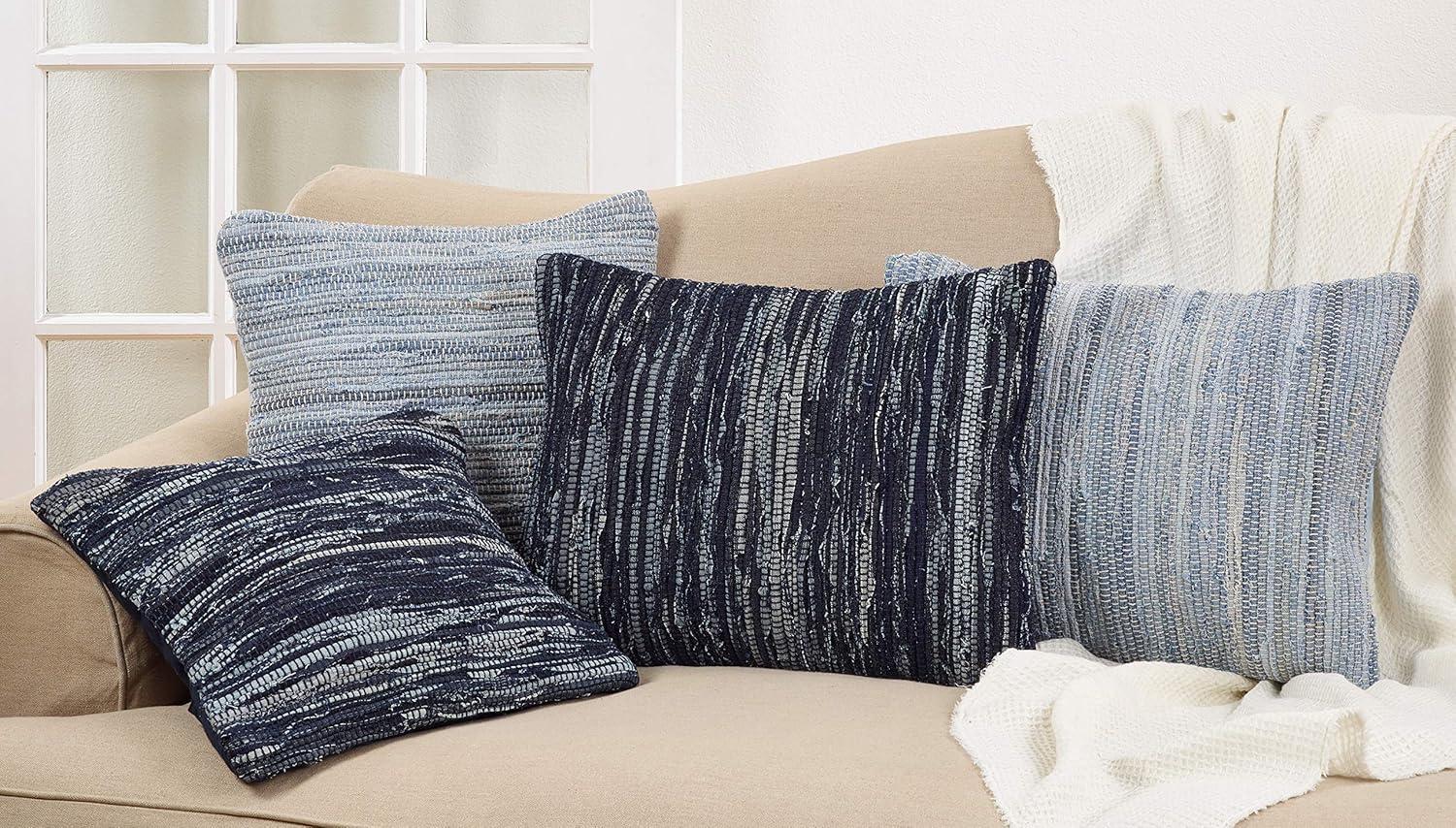 Denim Blue Cotton Rectangular Washable Throw Pillow Cover