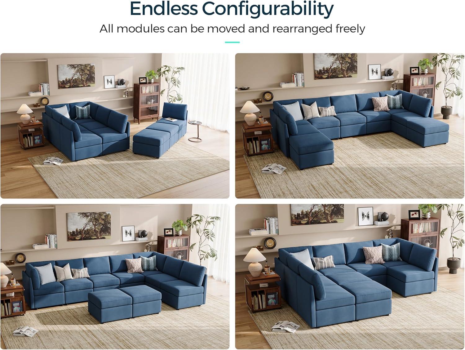 Linsy Home Oversized Modular Couch, Sectional Sofa with Storage Ottomans, Couch with Reversible Chaises, Blue