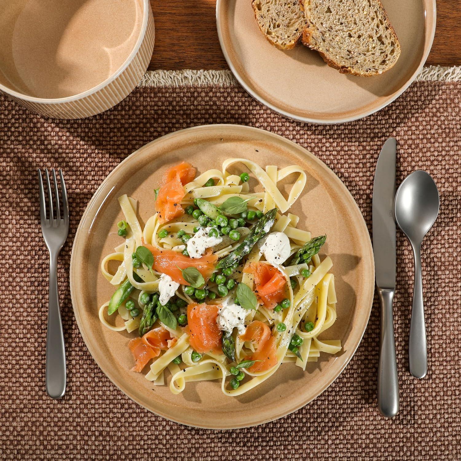 Gibson Elite Solana Coast 12 Piece Stoneware Reactive Glaze (Service for 4) Ceramic Plates and Bowls Modern Shape Embossed Dinnerware Set - Orange