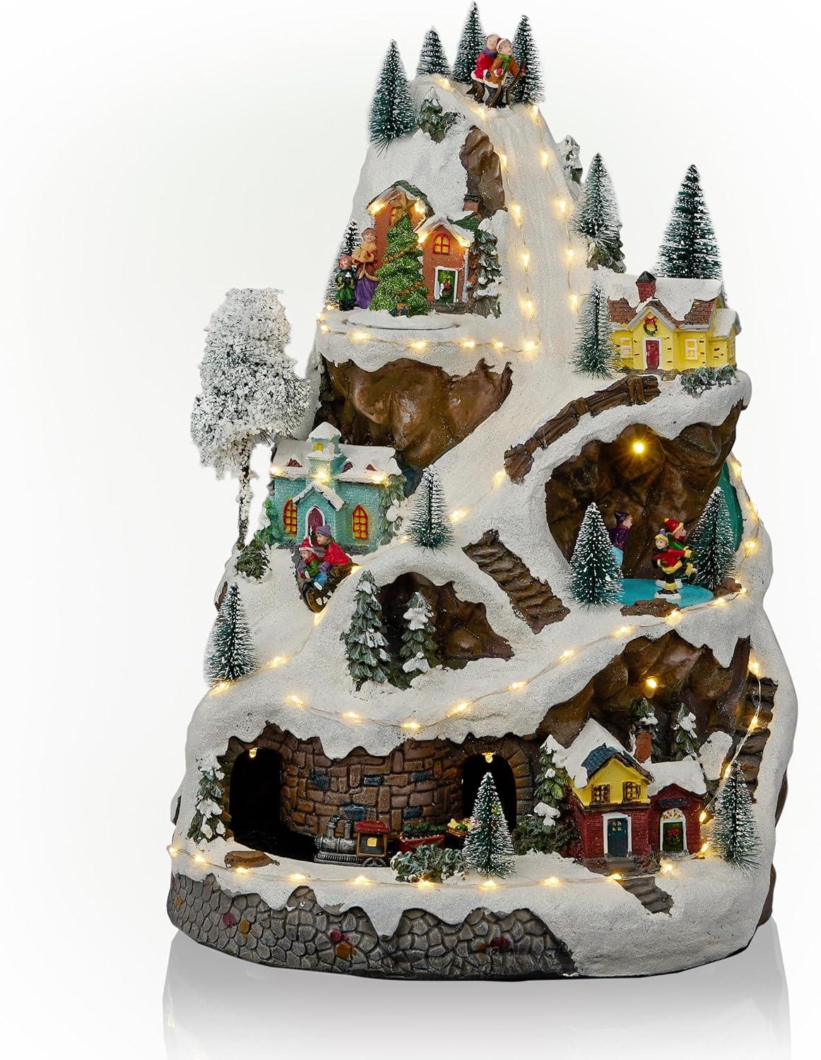 18-Inch Snowy Mountain Village with LED Lights and Music