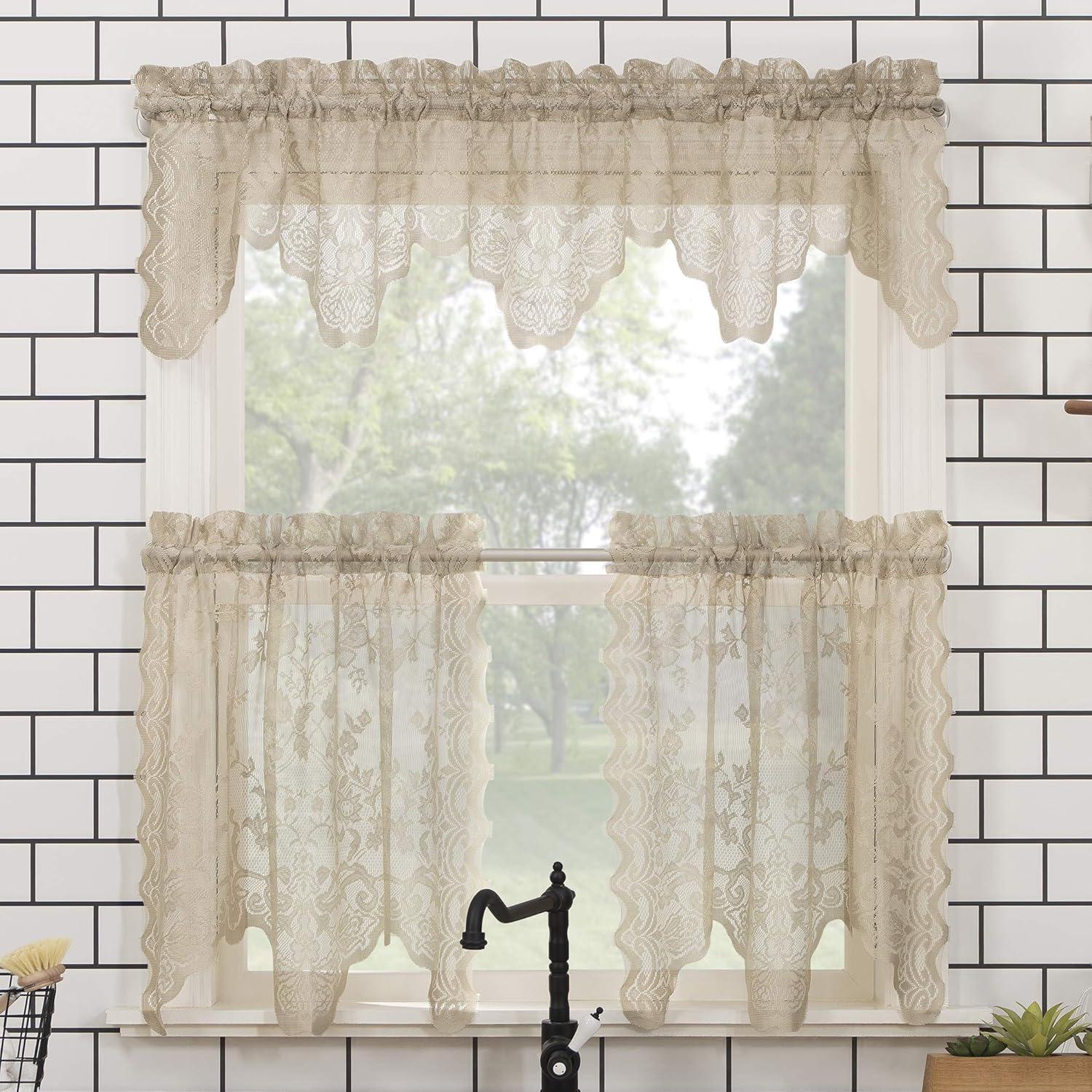 2pc 58"x24" No. 918 Sheer Alison Floral Lace Rod Pocket Kitchen Curtain Tier Pair Beige: Kitchen Window Curtains