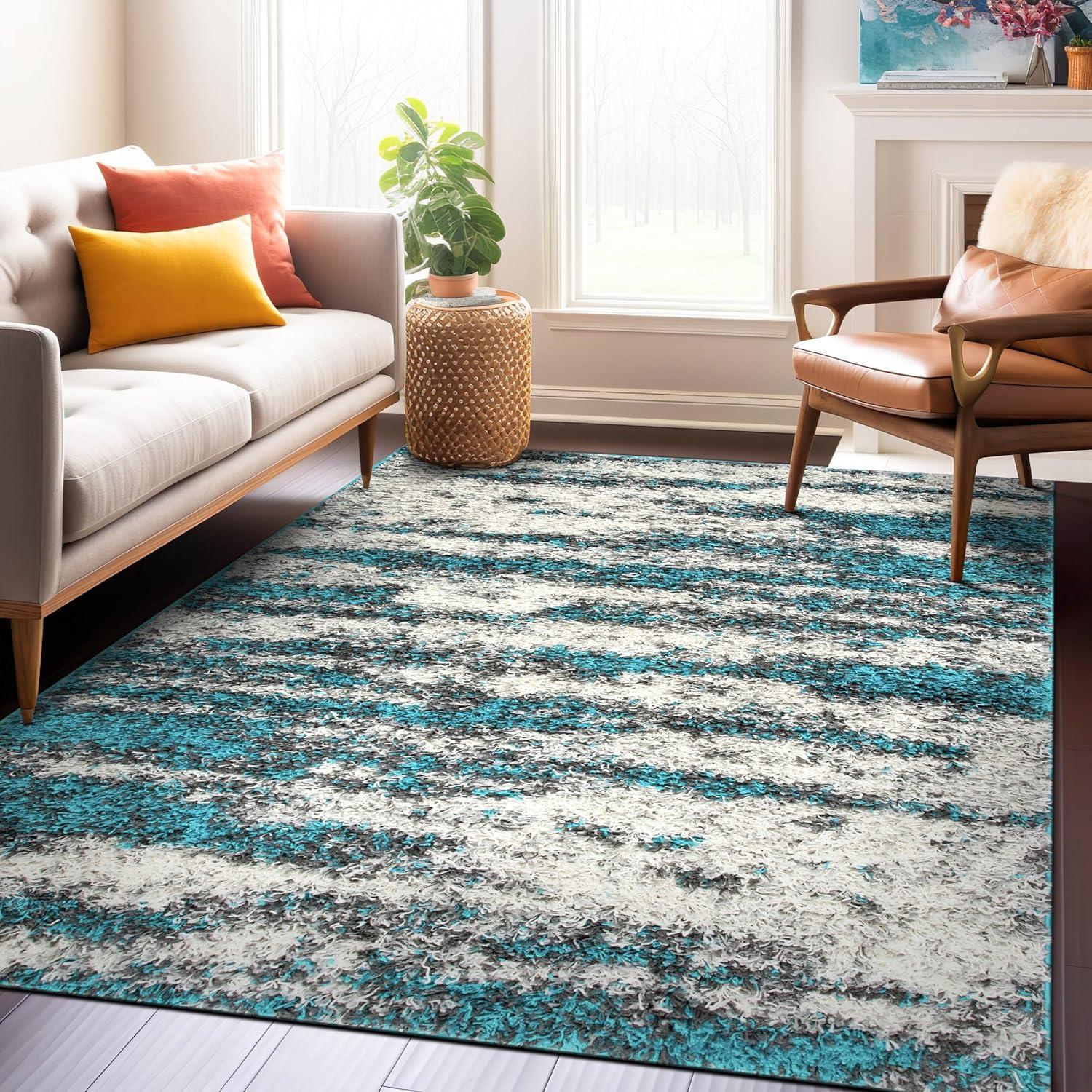 World Rug Gallery Modern Abstract Design Plush Shag Area Rug - Turquoise 5' x 7'