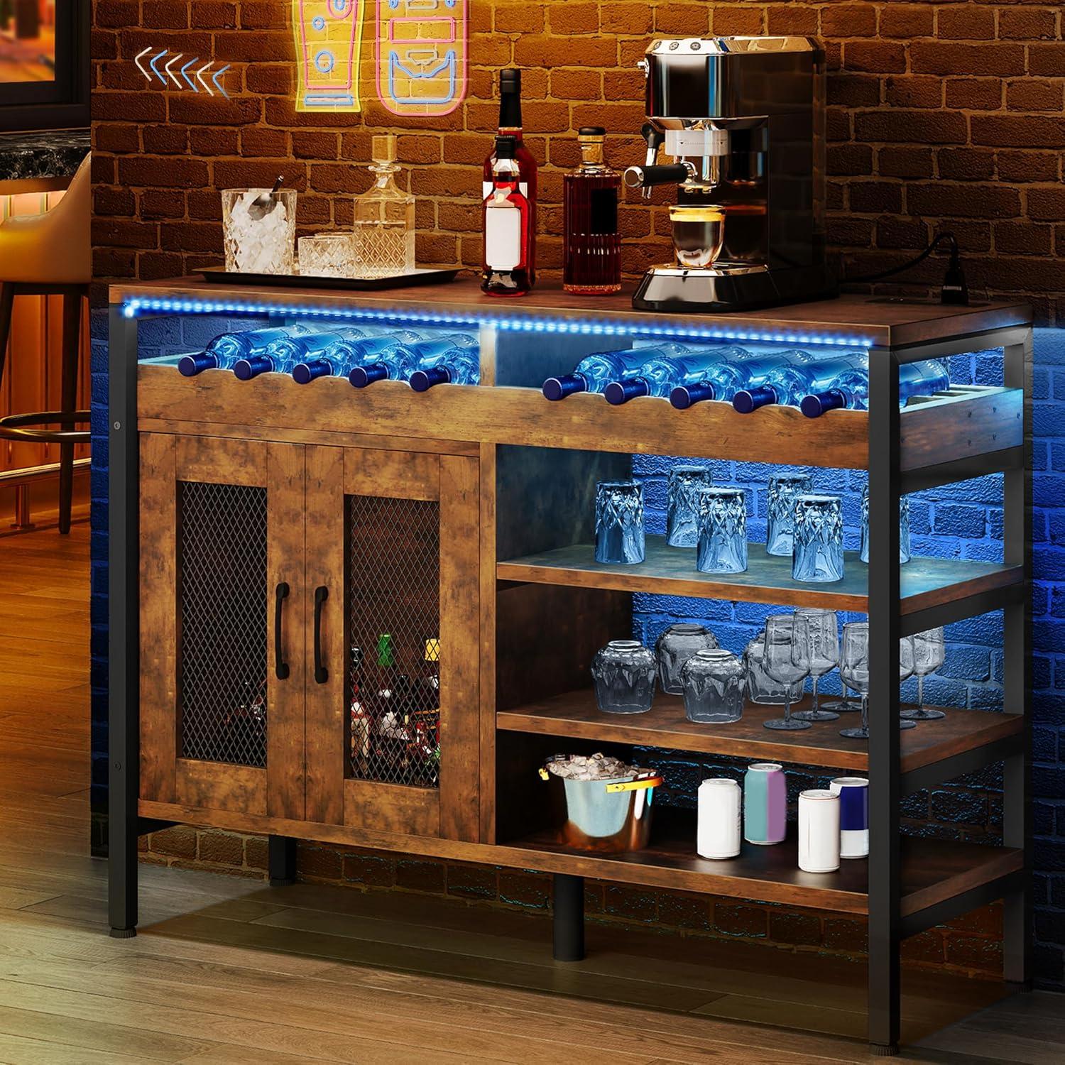 YITAHOME Wine Bar Cabinet with Power Outlets and LED Lights, Industrial Coffee Bar Cabinets for Liquor and Glasses Home Bar Kitchen Buffet Cabinet for Home Living Dining Room 47"