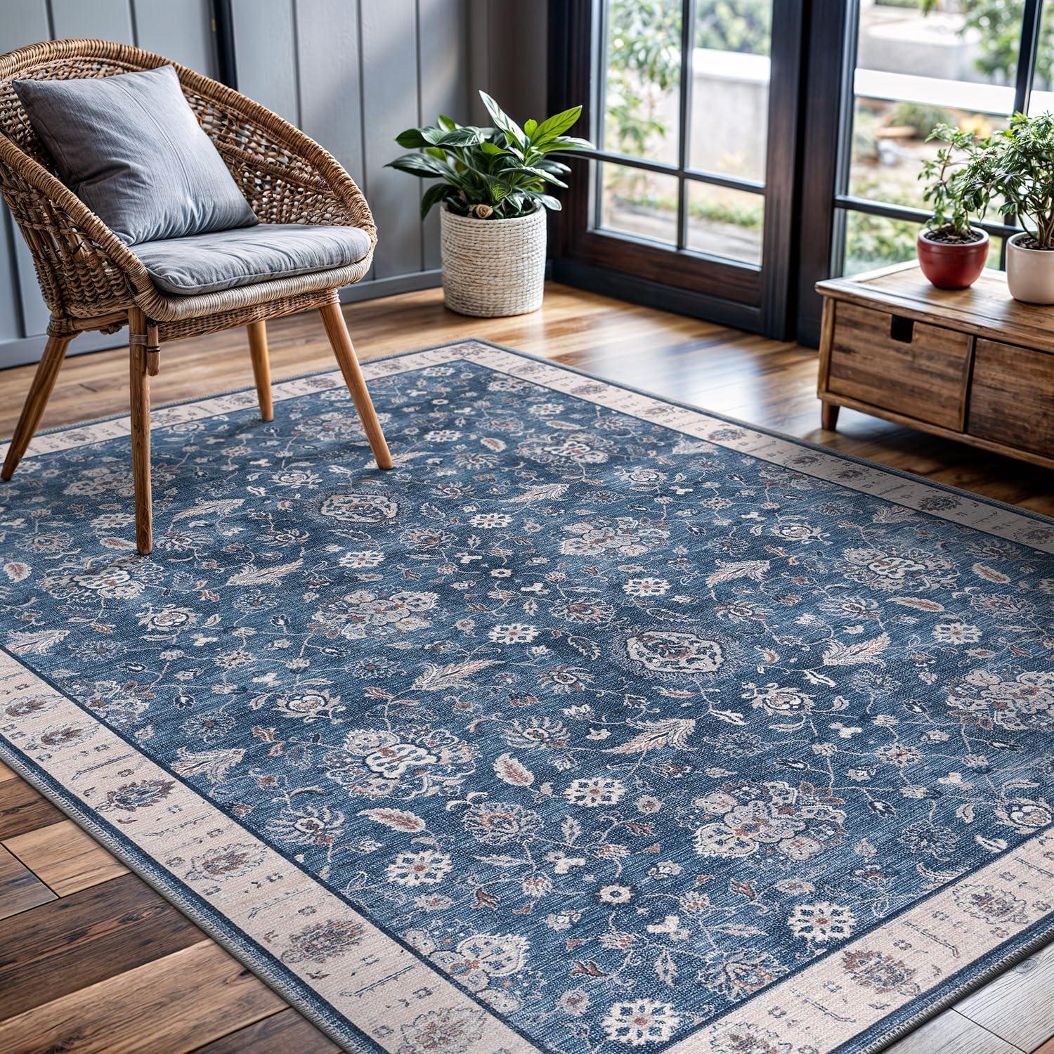 CAMILSON Oriental Retro Persian Traditional Vintage Distressed Non-Shedding Indoor Area Rug(4008-Navy 5x7)