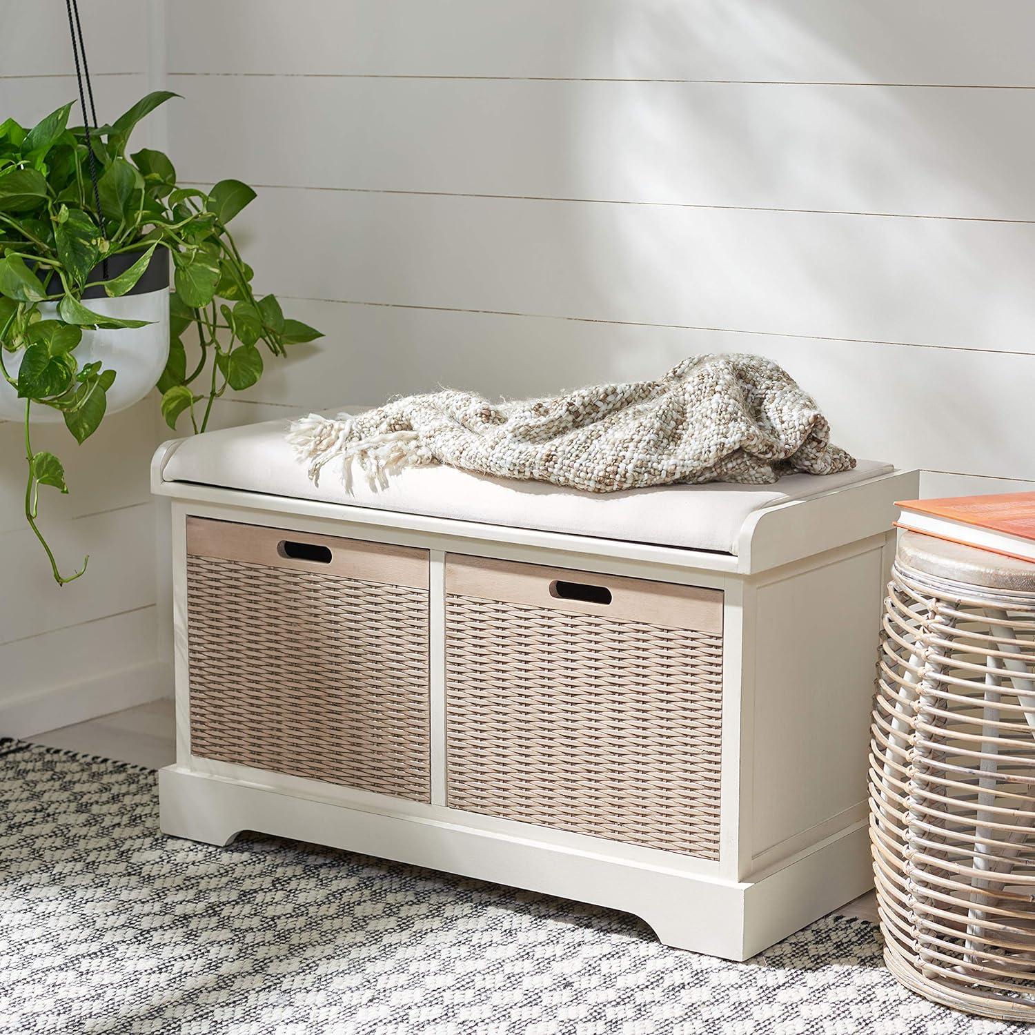 Landers 2 Drawer/Cushion Storage Bench - Distressed White - Safavieh