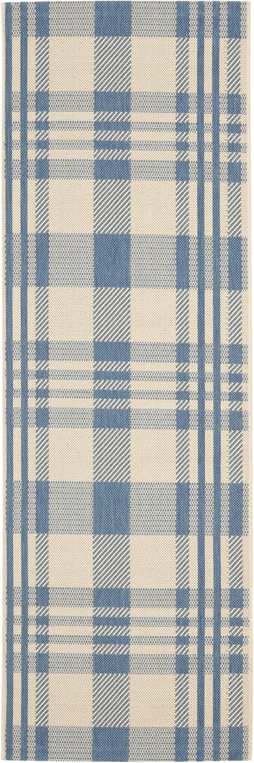 SAFAVIEH Courtyard Benjamin Plaid Indoor/Outdoor Runner Rug, 2'3" x 6'7", Beige/Blue