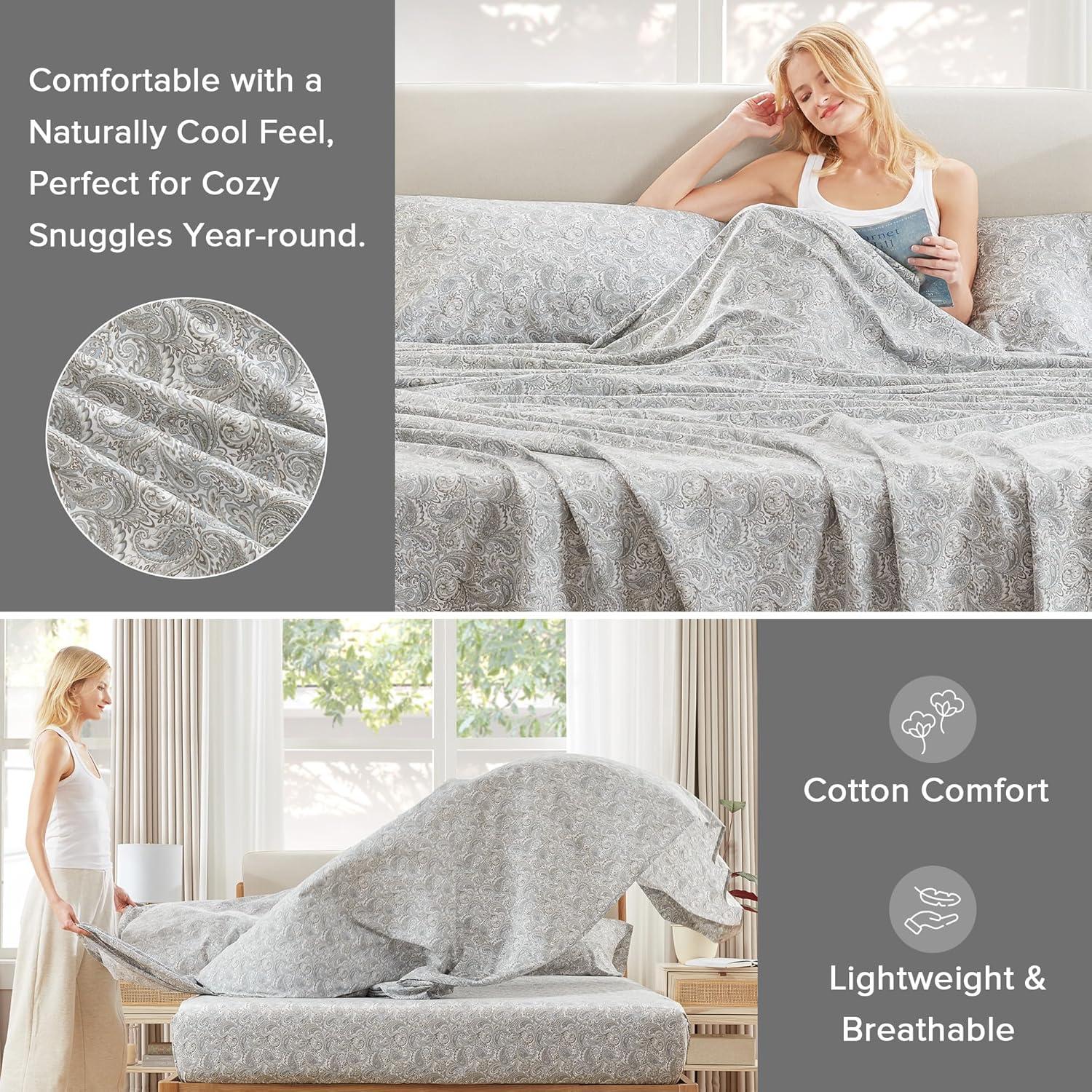 Comfort Spaces 100% Cotton King Sheet Set4-Pieces Gray Paisley Lightweight Breathable All Season Cozy Sheet Set