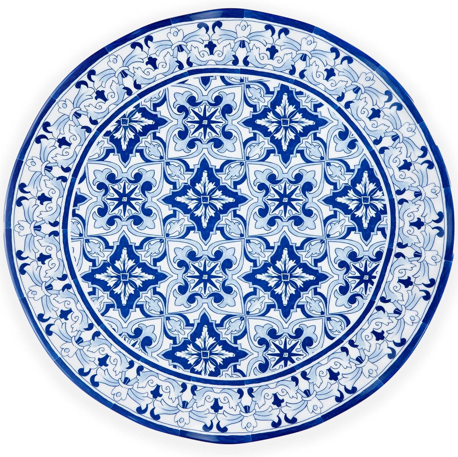 Sapphire Blue Melamine Round Serving Platter with Floral Motif