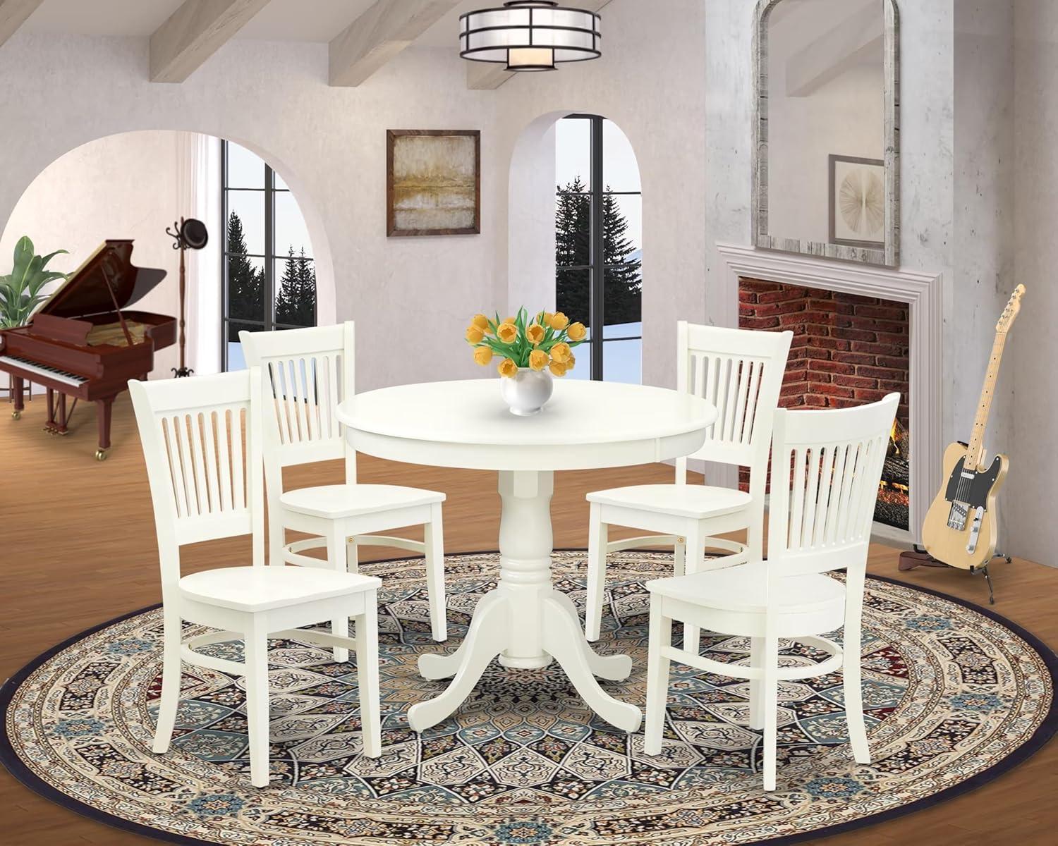 HomeStock Farmhouse Fresh 5Piece Kitchen Dining Set 4 Wooden Chair And Dining Table Wooden Seat And Slatted Chair Back Linen White Finish