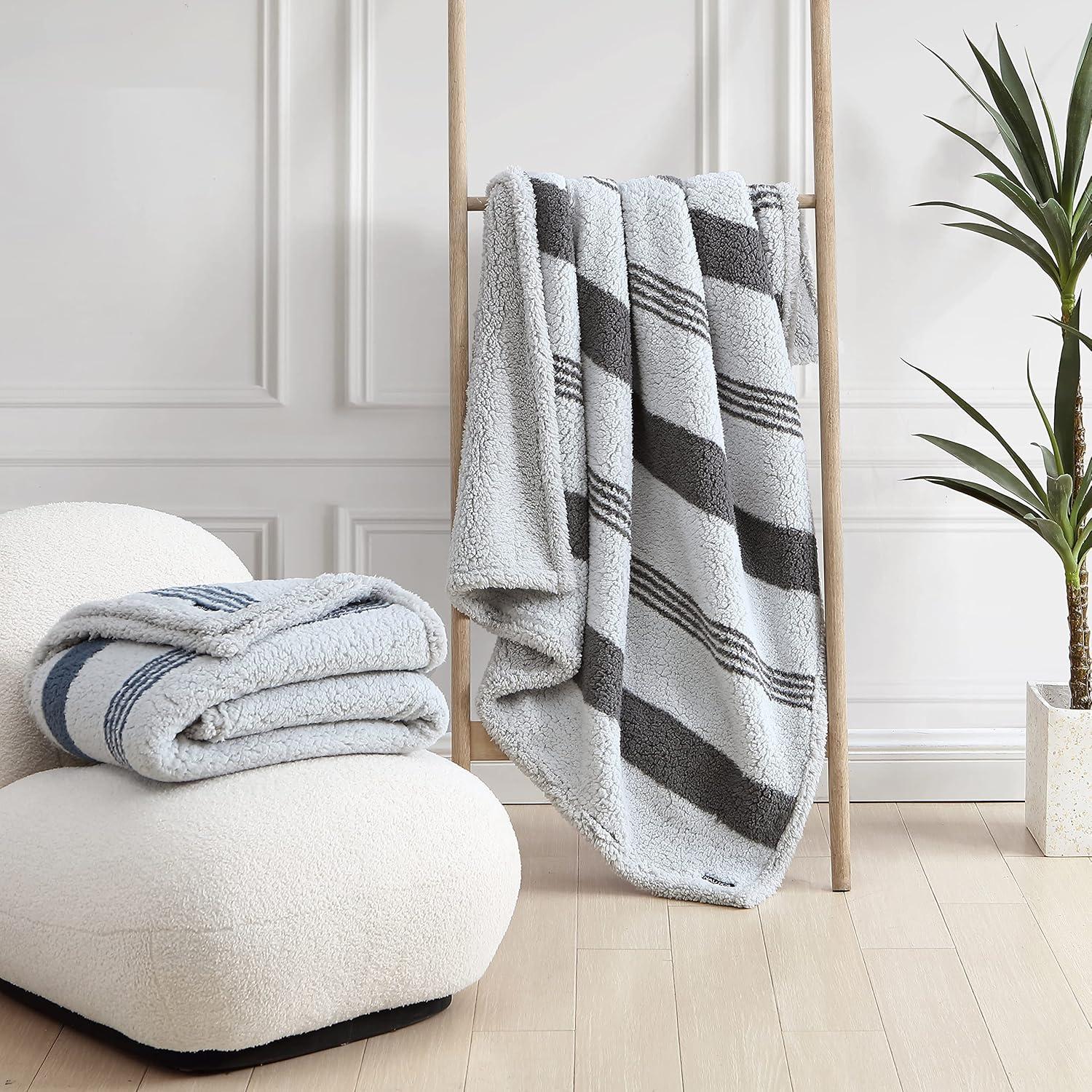 Nautica - Throw Blanket, Ultra Soft Plush Sherpa Bedding, Warm & Cozy Home Decor for Bed or Couch, Dorm Room Essentials (Saltmarsh Grey, 50" x 60")