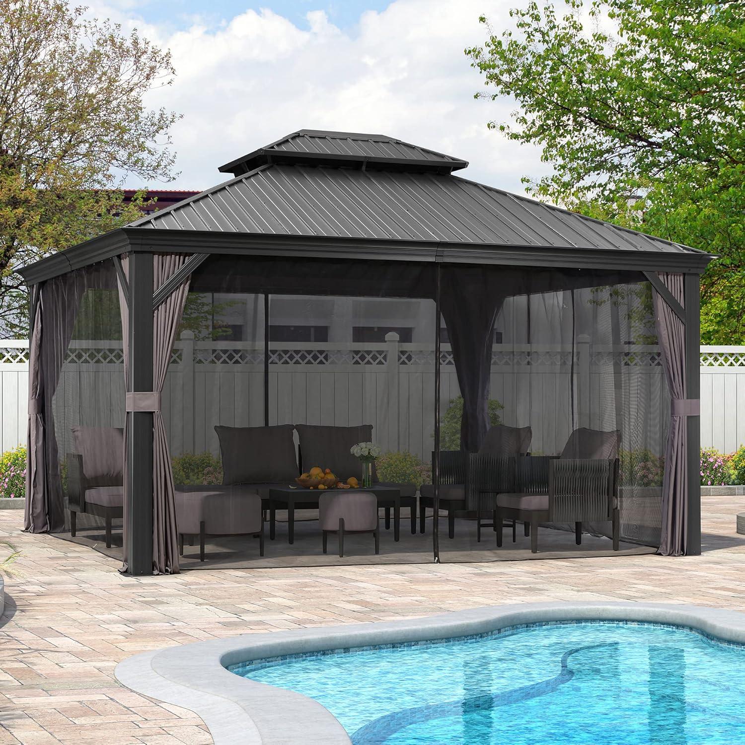 PURPLE LEAF 12' x 14' Permanent Hardtop Gazebo Aluminum Frame Gazebo with Galvanized Steel Double Roof, UV-Resistant for Backyard Patio Lawn and Garden, Netting & Curtains included - Grey