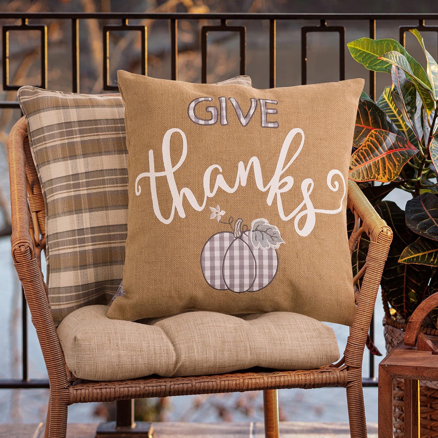 Natural Burlap Embroidered Thanksgiving Square Pillow