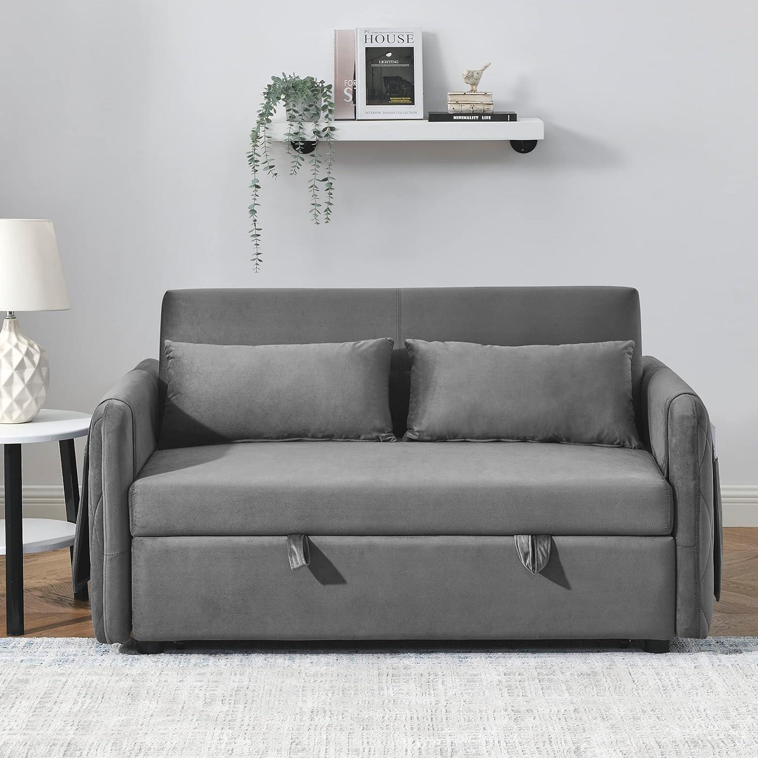 55" Convertible Sofa Bed with 2 Detachable Arm Pockets, Velvet Loveseat Sofa with Pull Out Bed and 2 Pillows, Modern Sleeper Sofa with Adjustable Backrest, Grid Design Armrests for Living Room, Grey