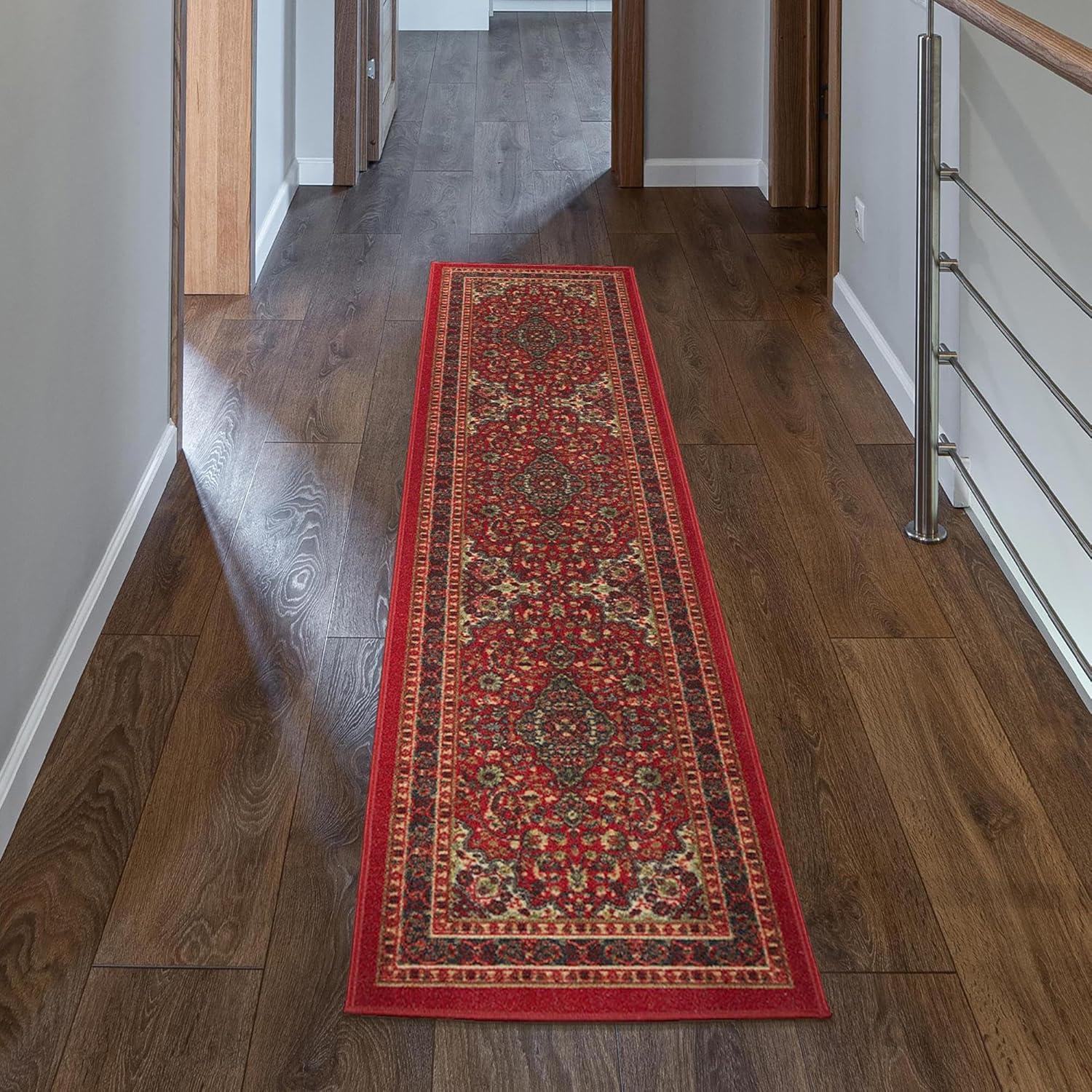 Ottohome Non-Slip Medallion Oriental Area Rug For Living Room, Hallway, Entryway Rug, Dark Red