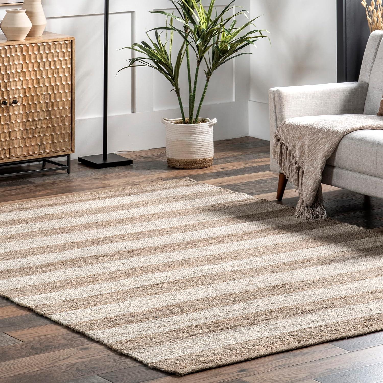 Alisia Handmade Striped Off-White Jute Runner Rug, 2' 6" x 8'