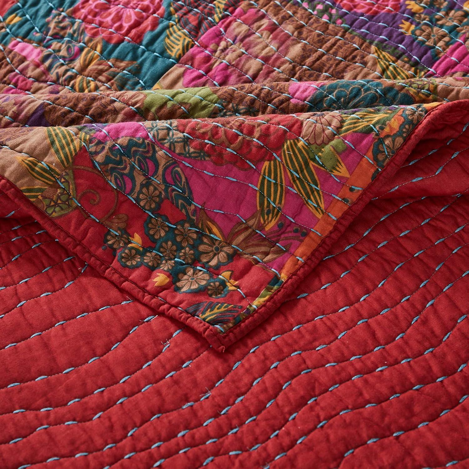 Greenland Home Fashions  Jewel 100% Cotton Kantha-Quilted Boho Floral Throw Blanket Red