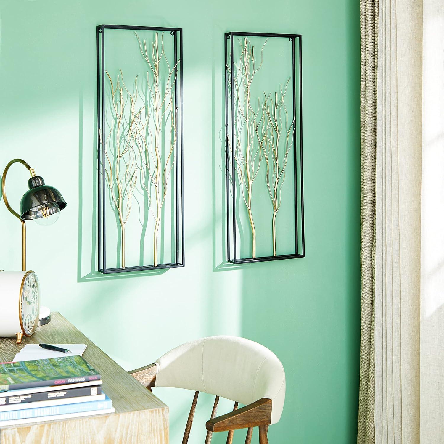 DecMode Gold Metal Branch Tree Wall Decor with Black Frame (2 Count)