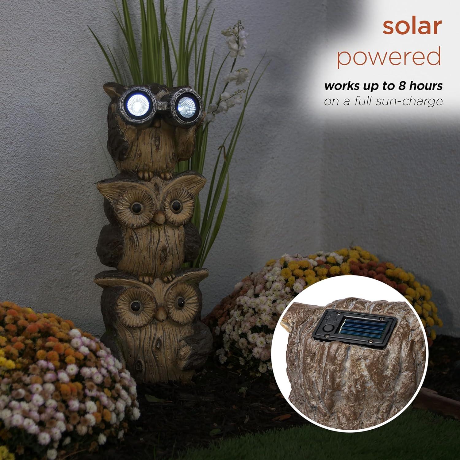 Solar Three Stacked Binocular Owls Polyresin Statue with LED Lights - Alpine Corporation: Garden Decor Sculpture with NiMH Battery