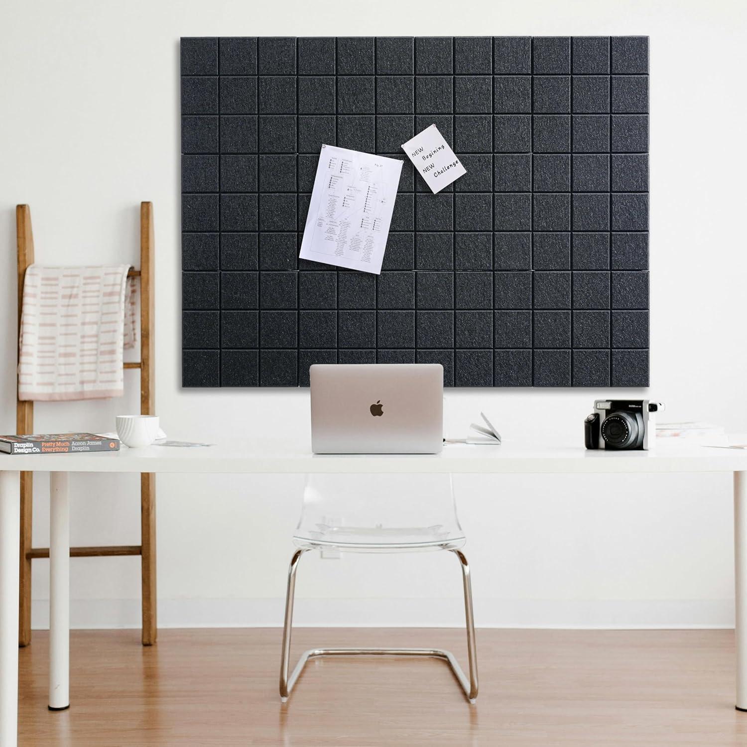 Large Cork Board Alternative 48" x 36", Black Bulletin Board, 12 Pack Felt Wall Tiles With 50 Pushpins, Pin Board Tack Board for Office (Dark Blue)