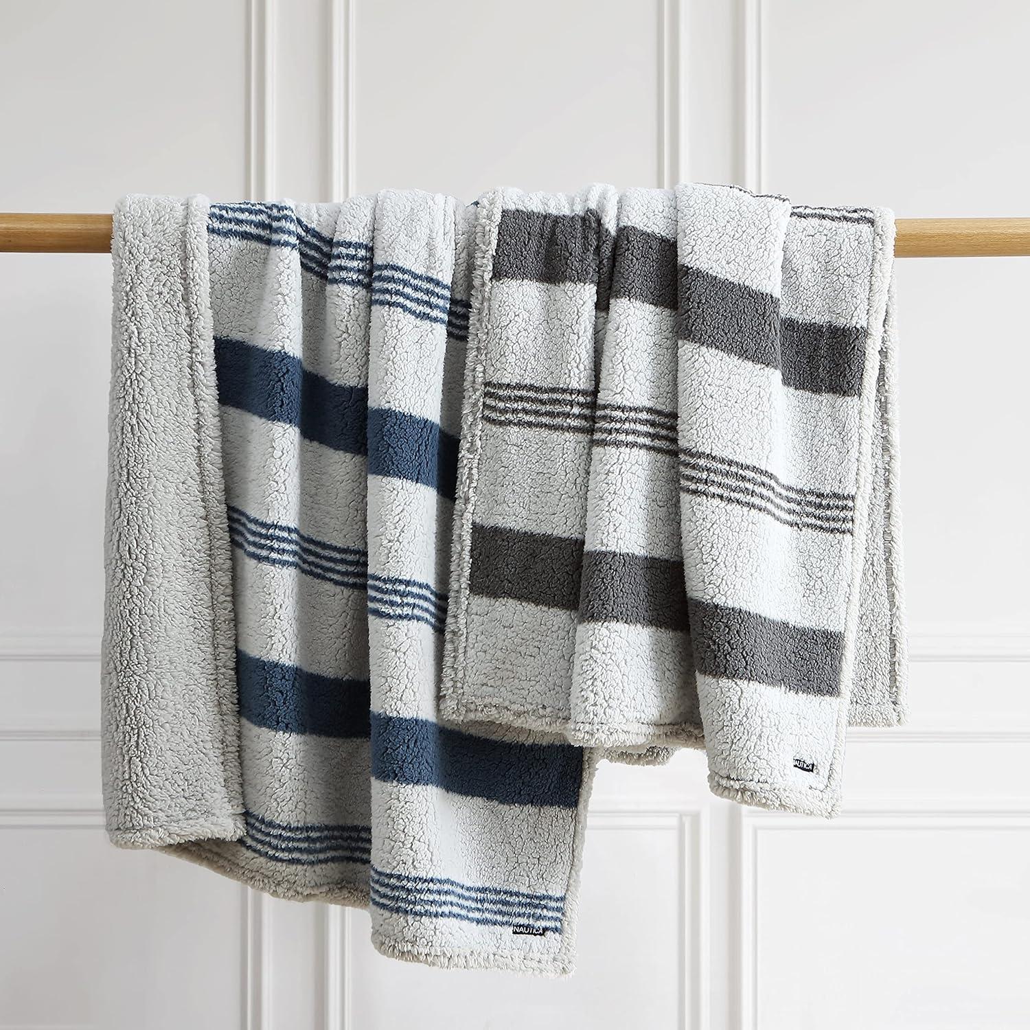 Nautica - Throw Blanket, Ultra Soft Plush Sherpa Bedding, Warm & Cozy Home Decor for Bed or Couch, Dorm Room Essentials (Saltmarsh Grey, 50" x 60")