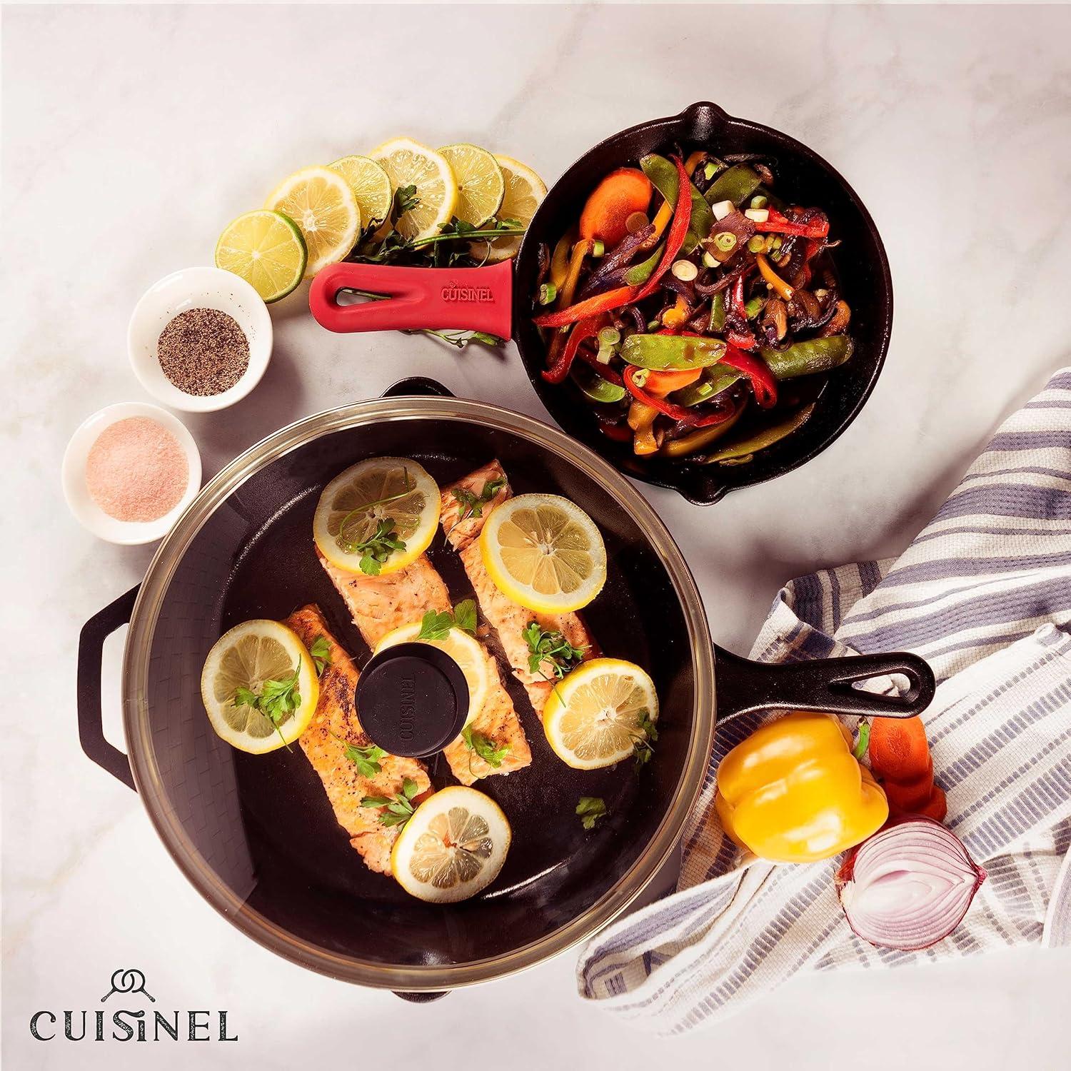 Cuisinel Cast Iron Skillet Set - 8" + 12"-Inch Frying Pan + Glass Lids