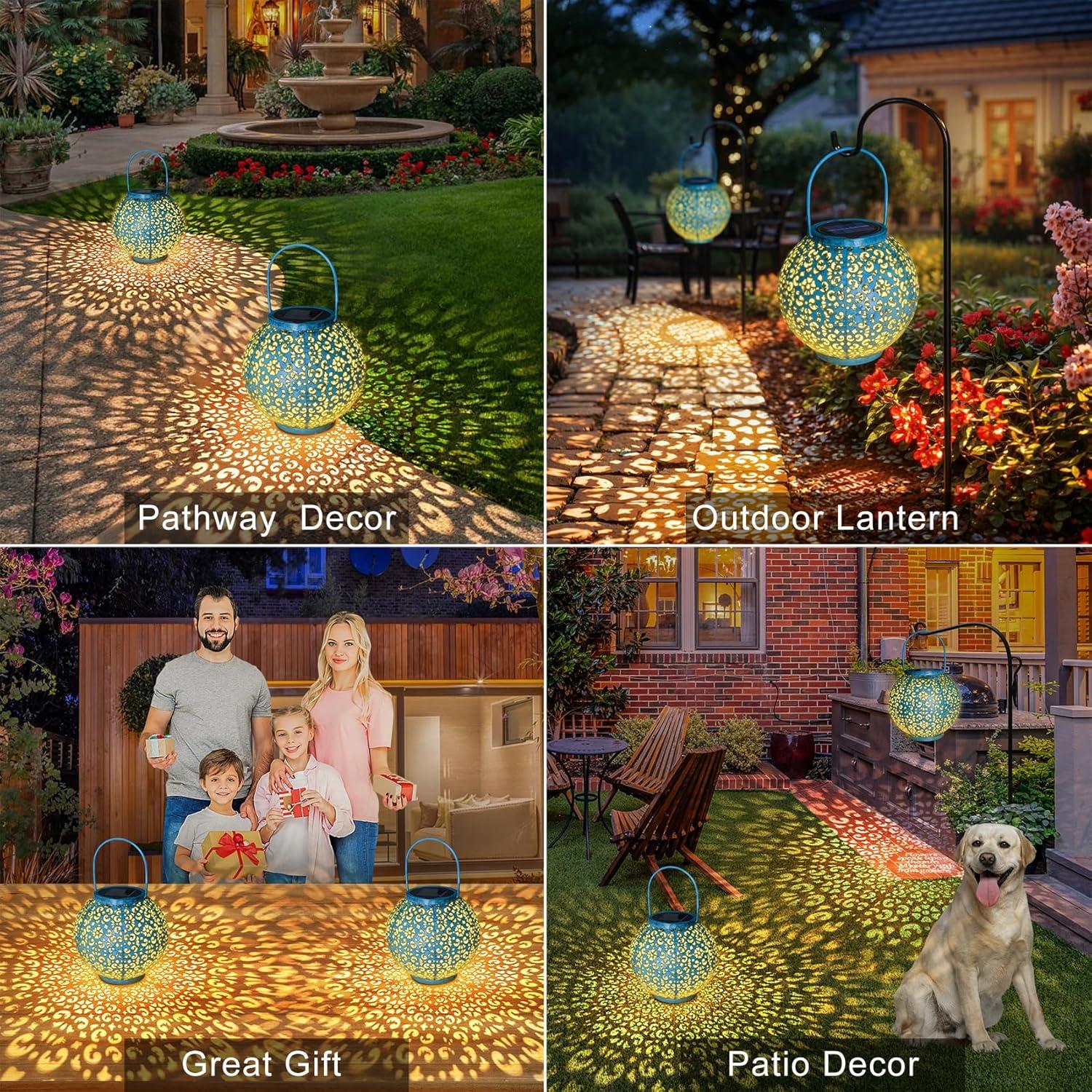 Solar Large Lantern Outdoor Hanging Lights Metal Decorative Garden Lights Waterproof Table Lamp for Patio, Courtyard, Party Decorations (1 Pack, Teal Blue)