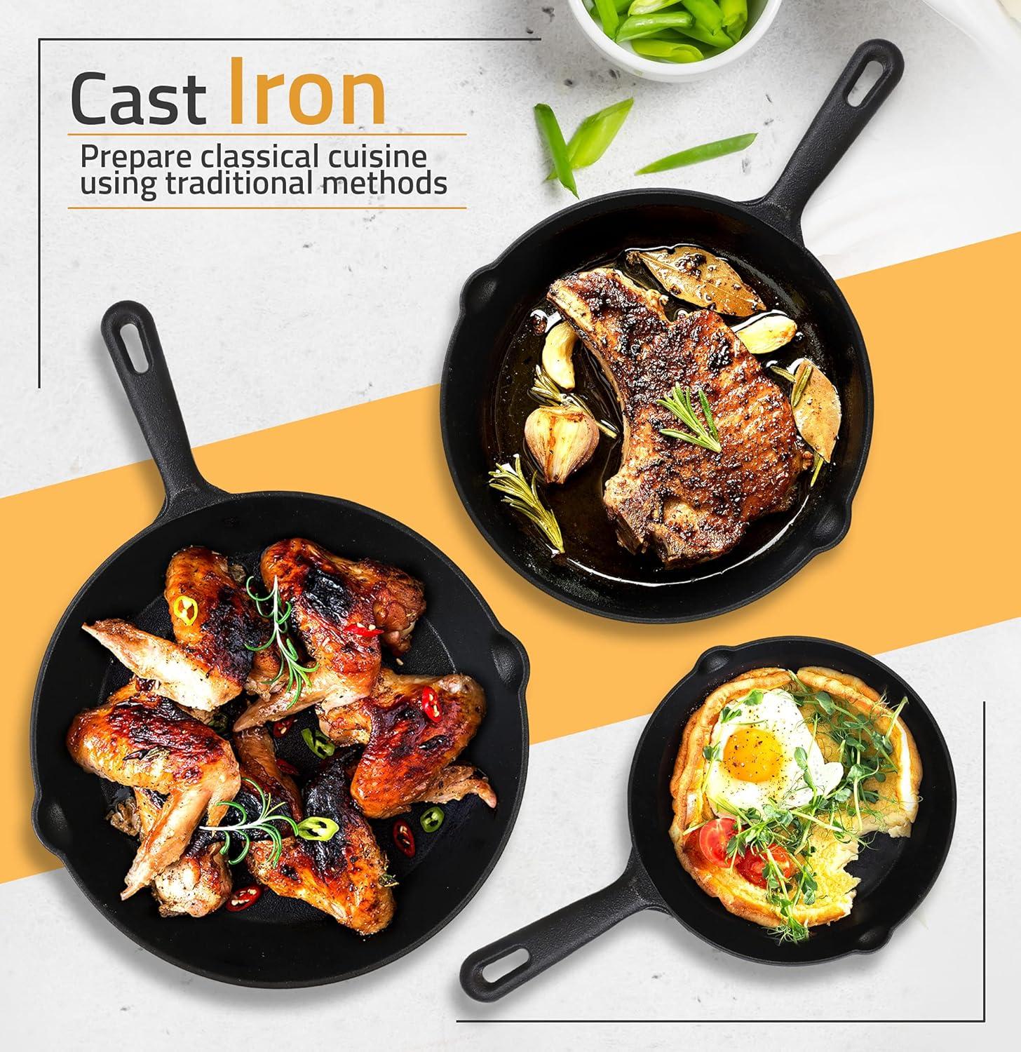 Pre-Seasoned Black Cast Iron Skillet Set, 3-Piece