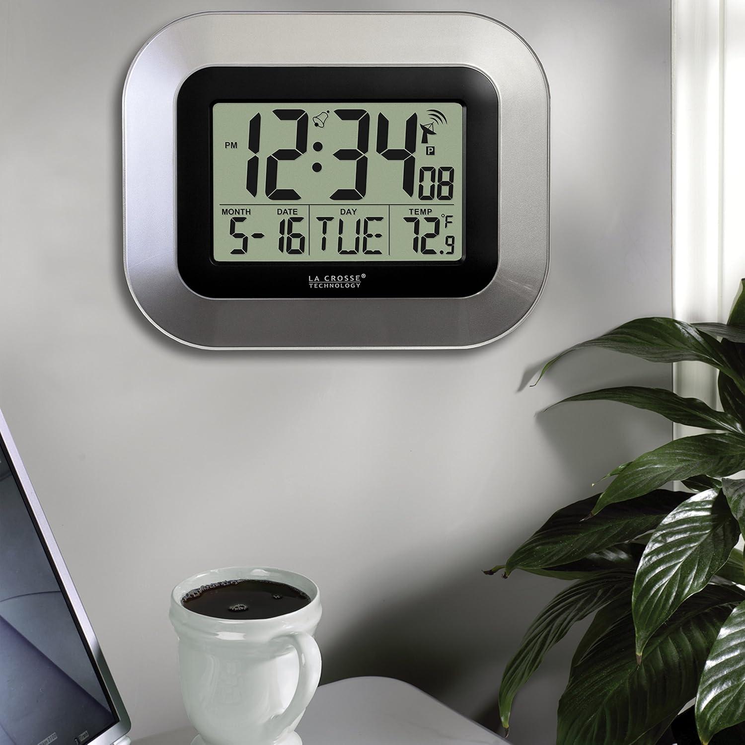 WT-8005U-S Atomic Digital Wall Clock with Indoor Temperature and Date