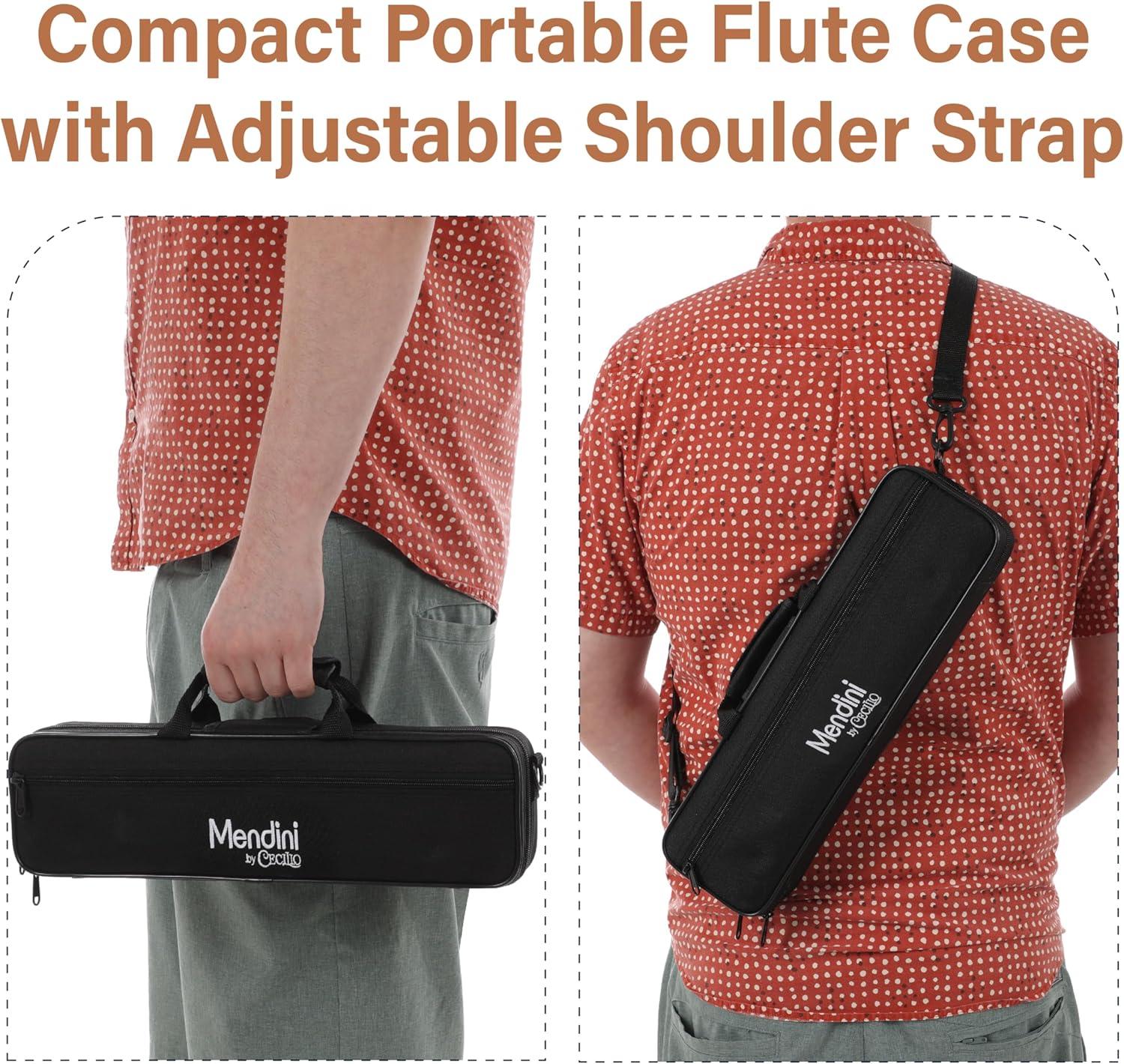 Mendini By Cecilio Flute, 16 Keys C Flute Instrument Closed Hole For Beginners with Carrying Case, Cork Grease, Stand, Lesson Book, Cleaning Kit, Gloves (Black)