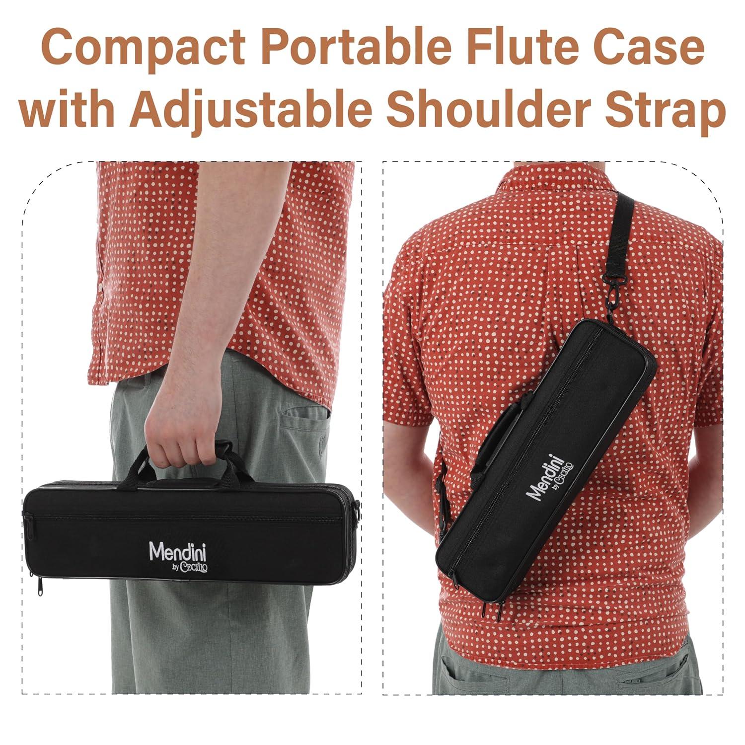 Mendini By Cecilio Flute, 16 Keys C Flute Instrument Closed Hole For Beginners with Carrying Case, Cork Grease, Stand, Lesson Book, Cleaning Kit, Gloves (Black)