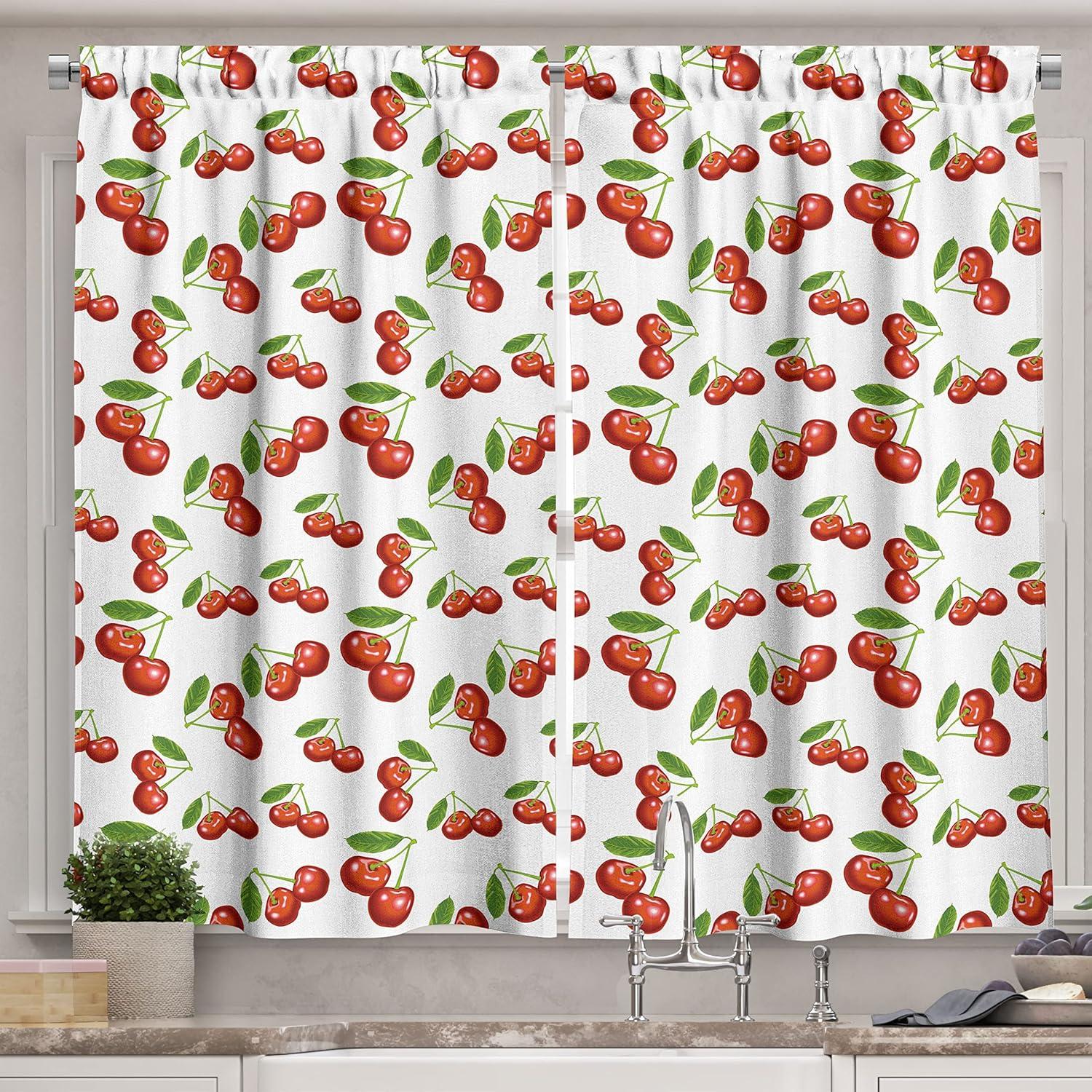 Cherry Pattern Light-Filtering White Polyester Kitchen Curtains