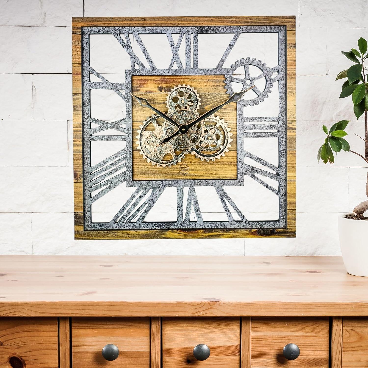 Wall Clock 24" Square Oversized for Living Room decor with Real Moving Gears America Collection