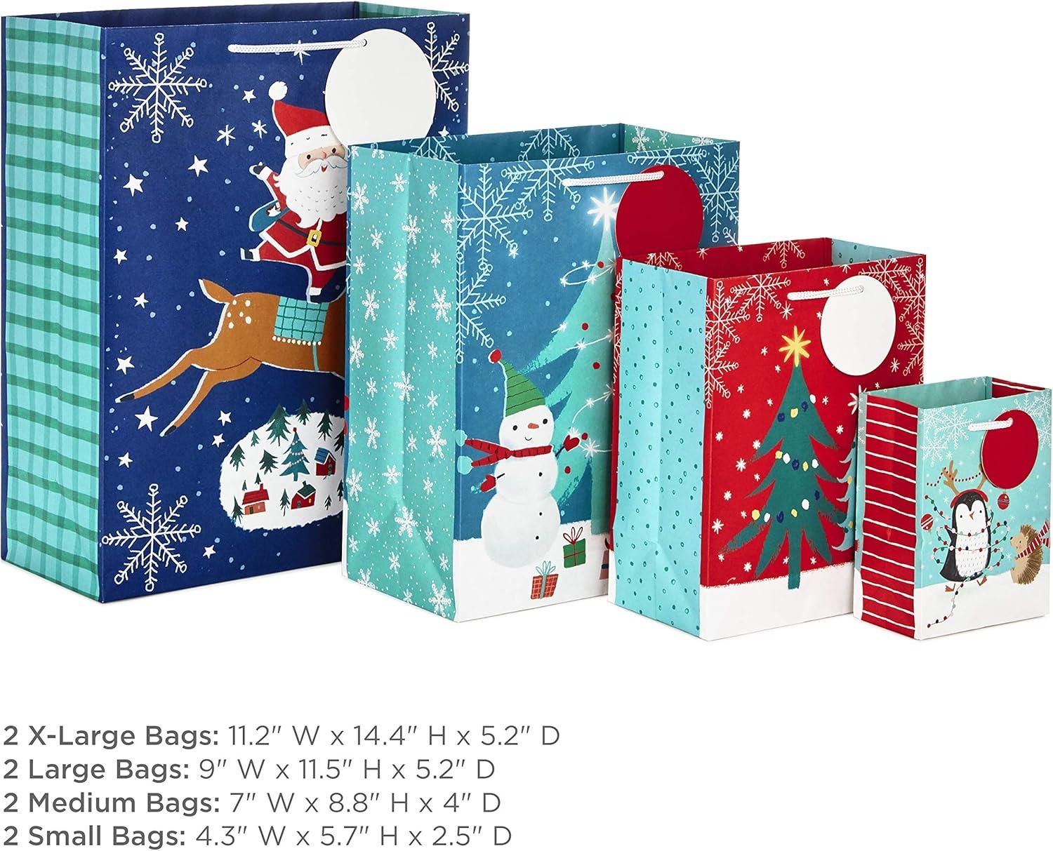 Hallmark Christmas Gift Bags Assorted Sizes (8 Bags: 2 Small 5", 2 Medium 8", 2 Large 11", 2 Extra Large 14") Penguins, Hedgehogs, Santa Claus, Snowmen, Trees