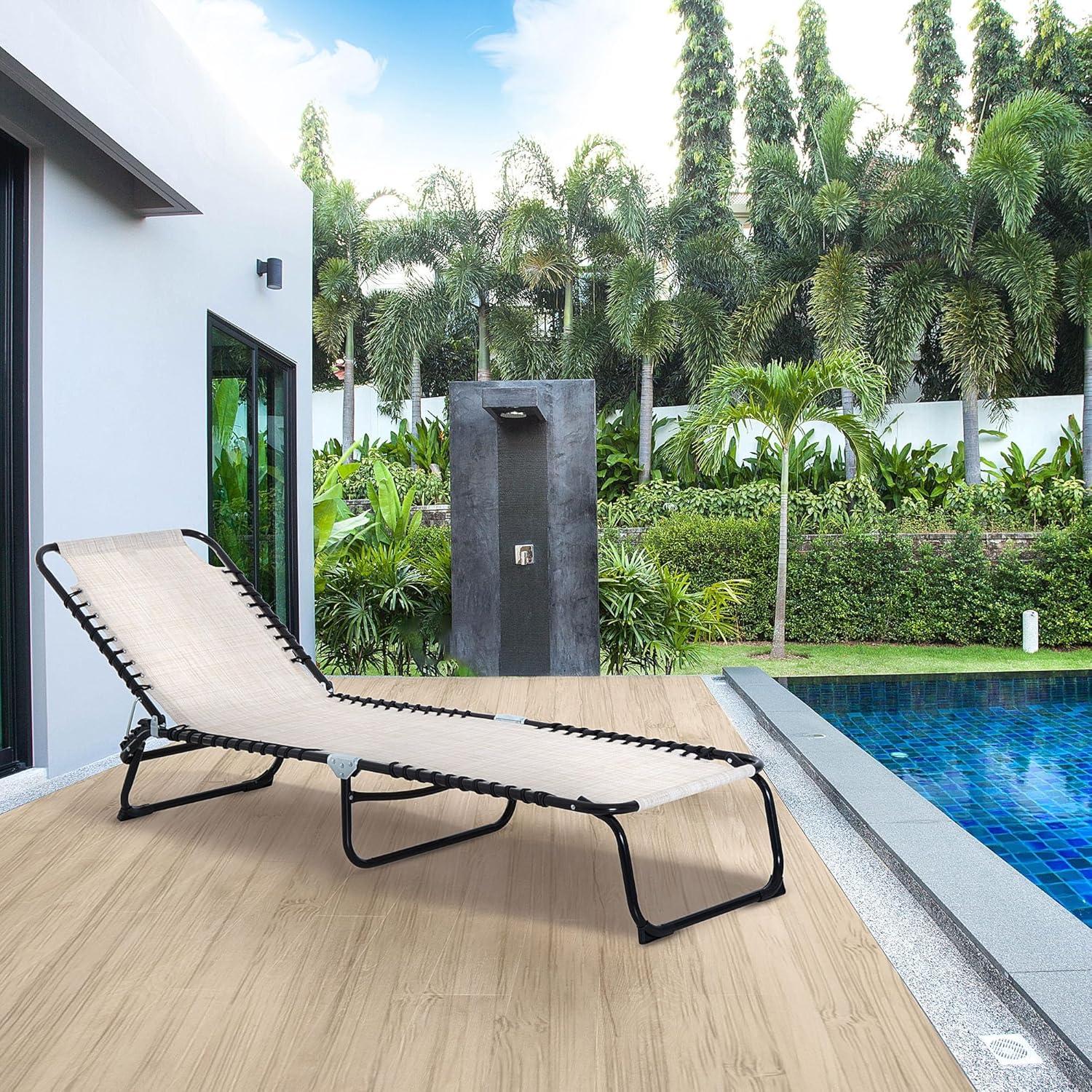 Cream White Mesh Outdoor Folding Chaise Lounge Chair