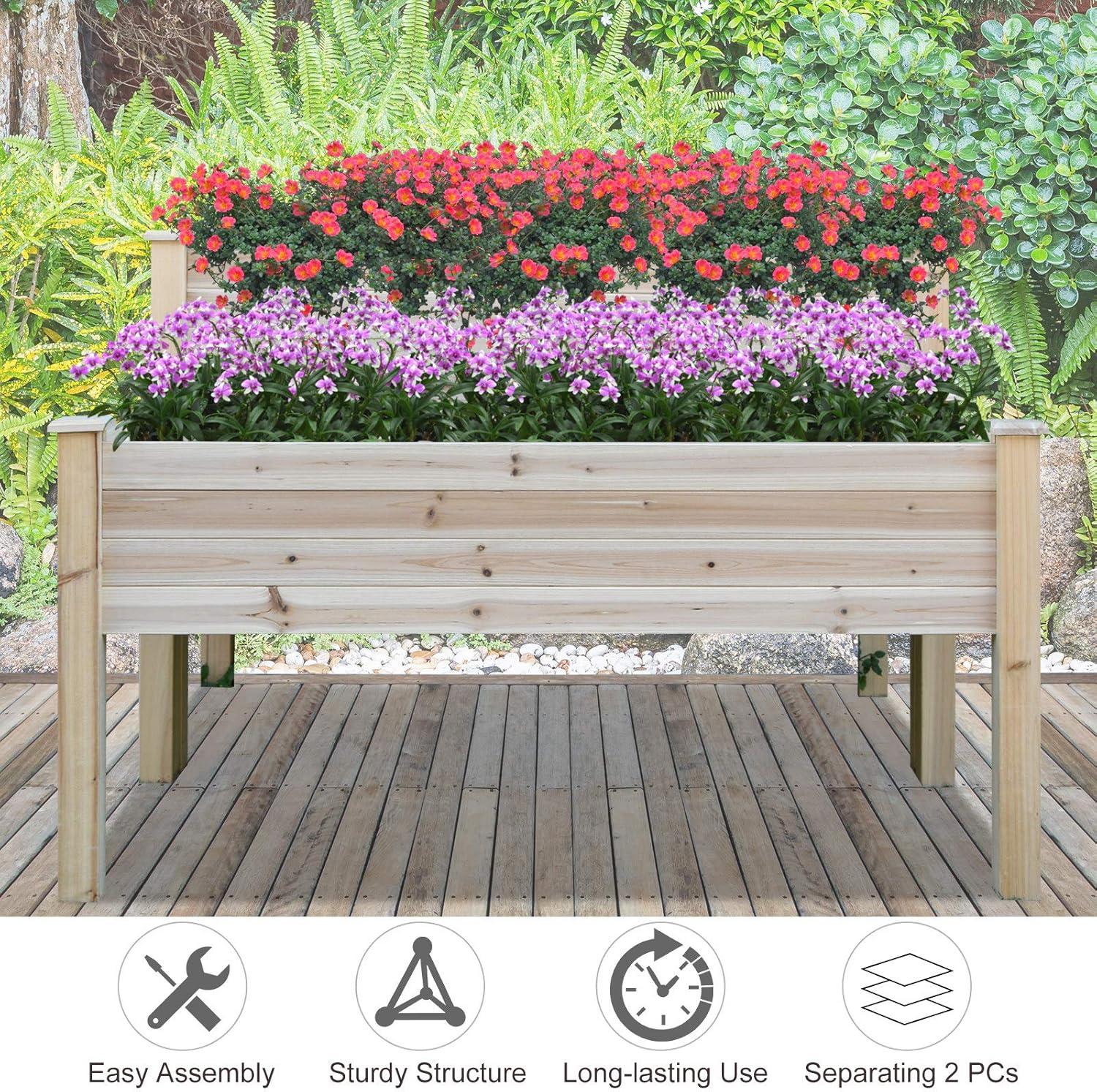 Outsunny 2 Tier Raised Garden Bed, Elevated Wooden Planter Box, Natural