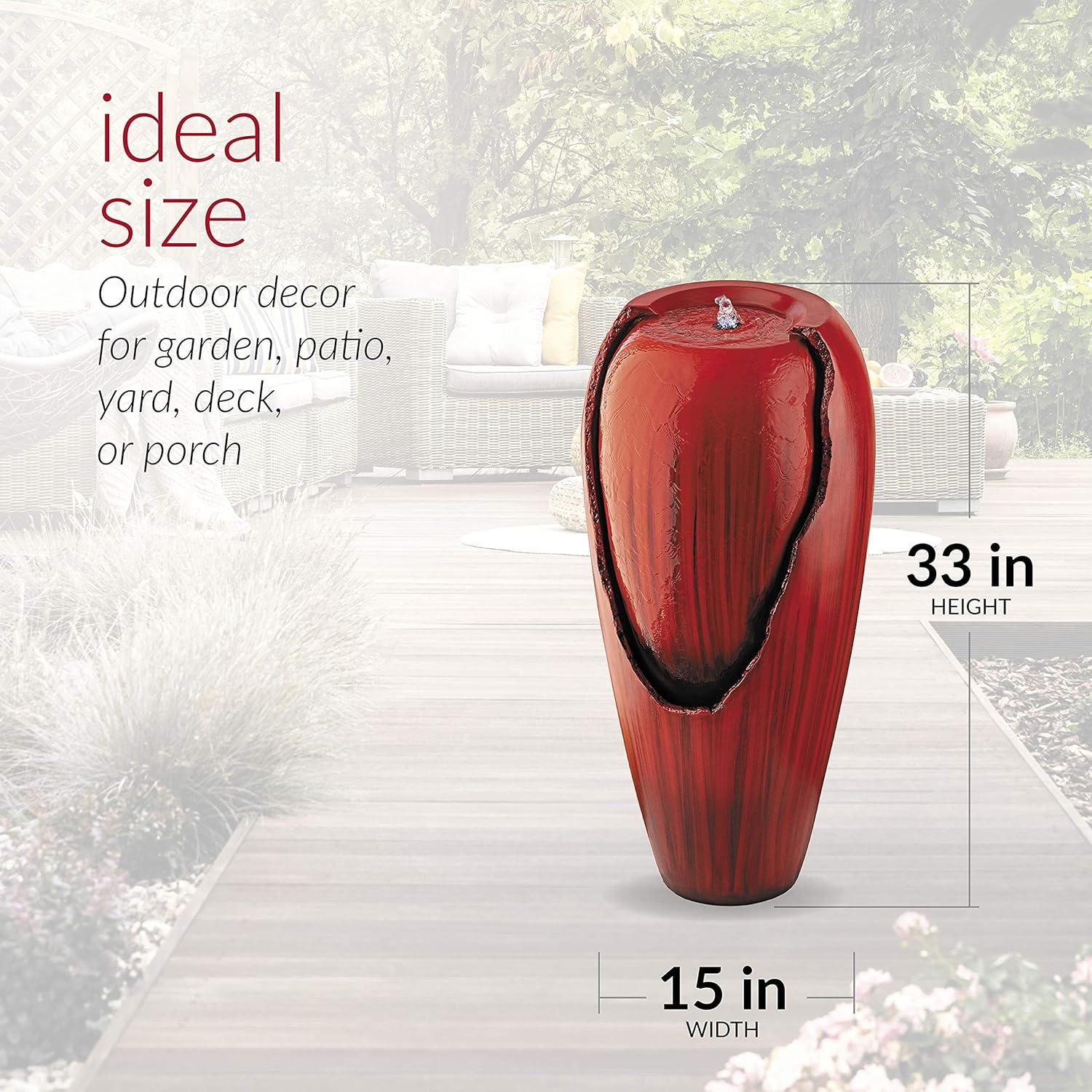 Alpine Corporation DIG100XS-RD Outdoor Floor Antique Jar Water Fountain with LED Lights, Vintage Light Waterfall, 33", Red