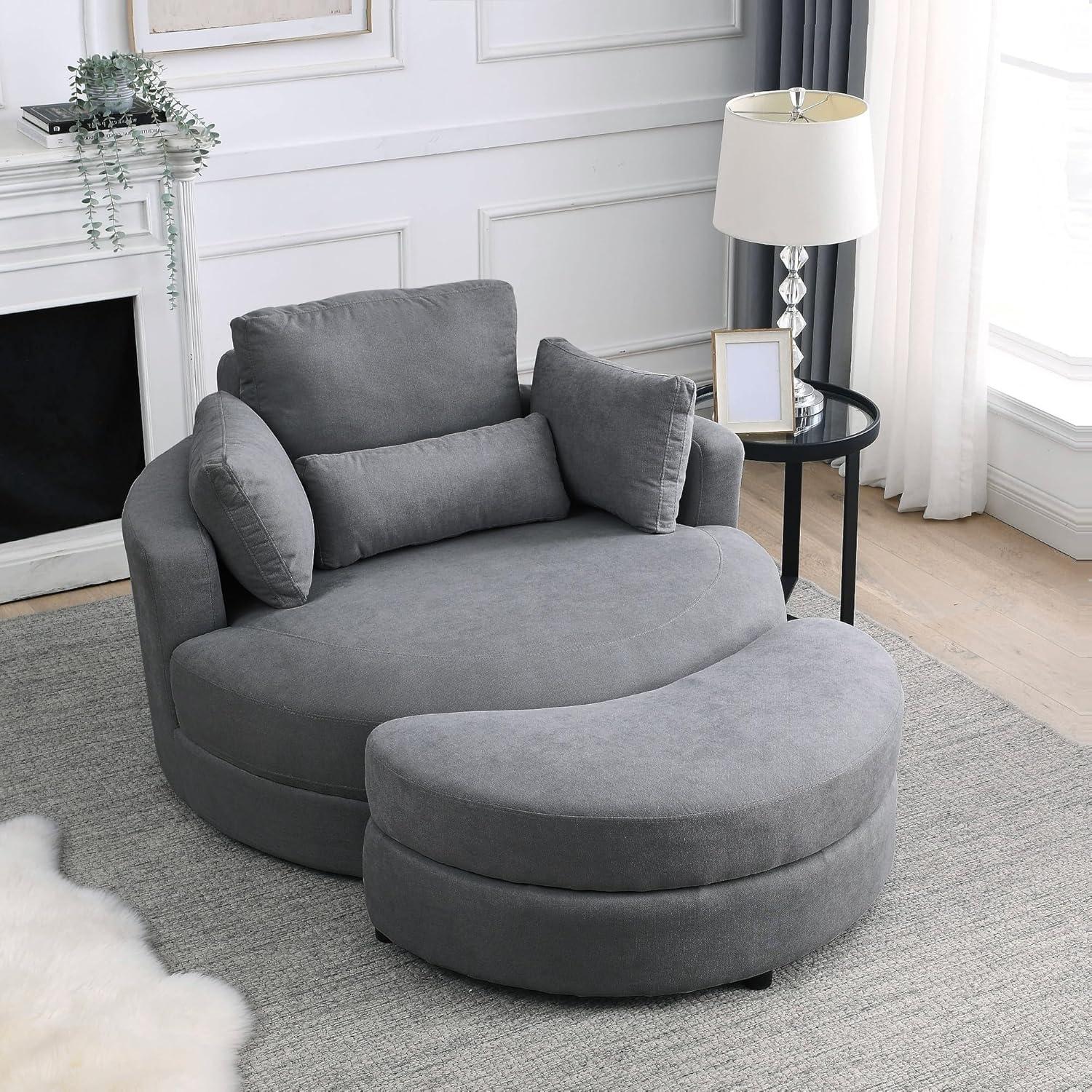 Dark Gray Linen Swivel Barrel Chair with Ottoman