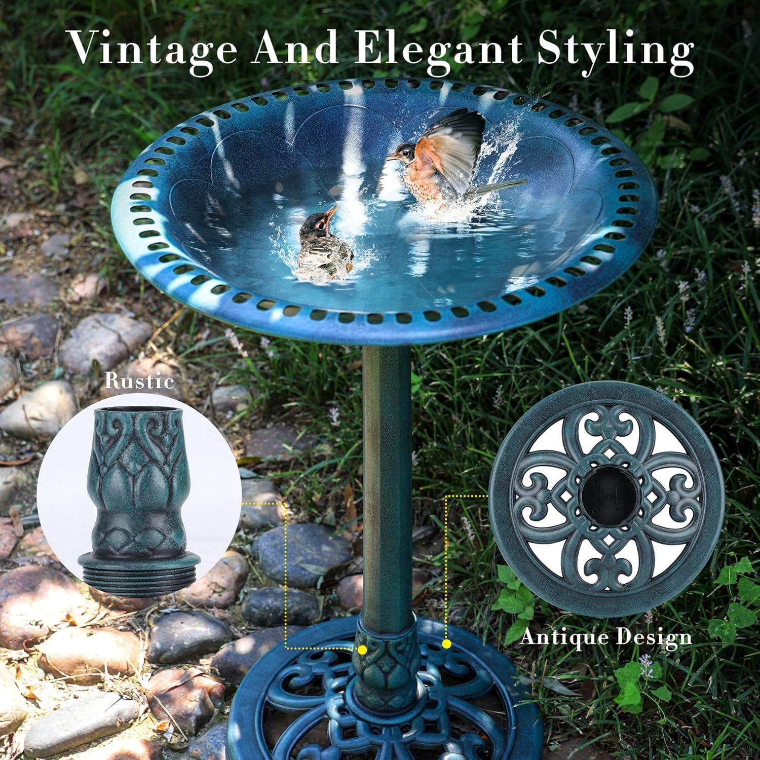 VINGLI Pedestal Bird Bath 28 Inch Antique Green Resin Birdbaths Vintage Garden Decor for Outdoor Lightweight