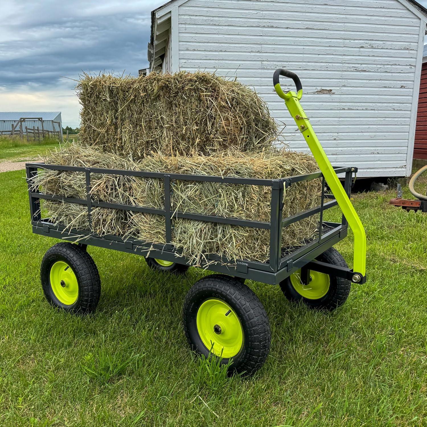 Yard Tuff Jumbo Wagon Heavy Duty Steel Mesh Deck Utility Outdoor Yard Cart, 1400 Capacity Haul with Large Stable Tires, 34 x 52 Inch, Gray/Green