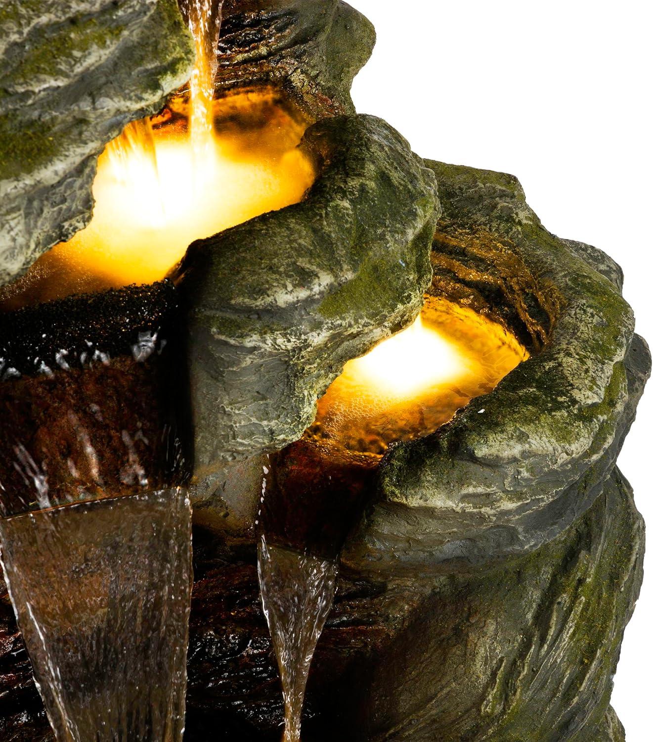 51" Resin Rock Cascading Fountain with LED Lights Gray - Alpine Corporation: Waterfall Feature, Birdbath